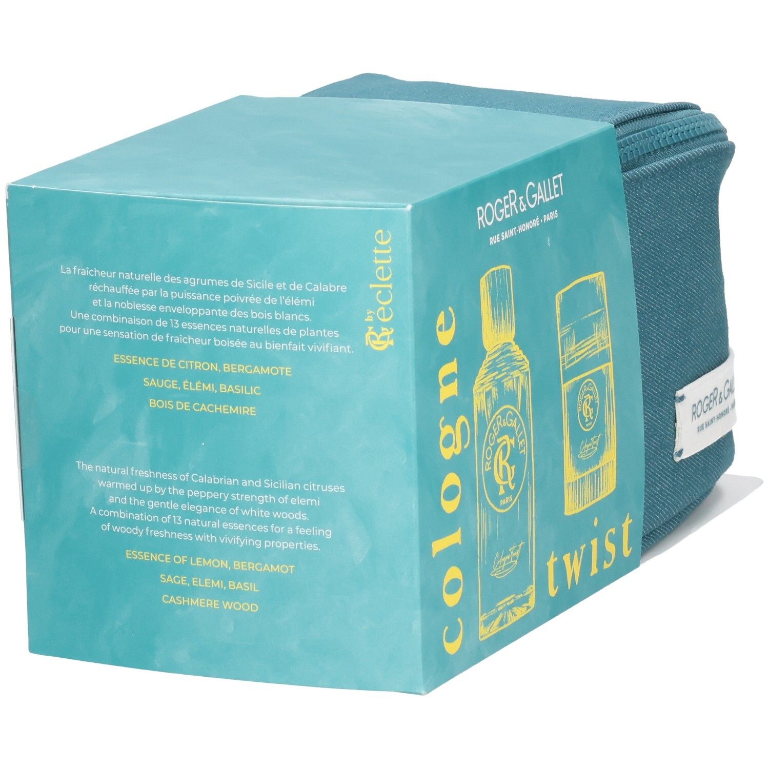 Geschenkset mit blauer Kosmetiktasche und Verpackung. Verpackung mit Text und Illustrationen von Flakon und Deodorant.
