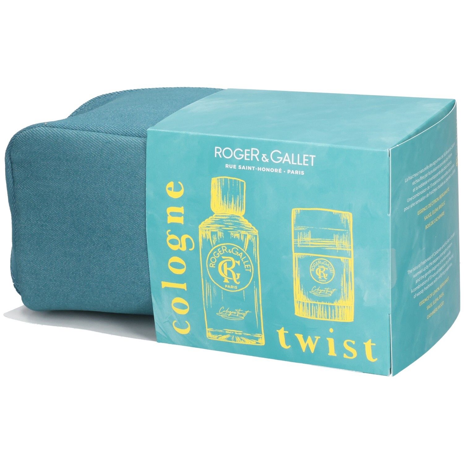 Geschenkset mit blauer Kosmetiktasche und Verpackung. Auf der Verpackung: Illustrationen von Flakon und Deodorant, Schriftzug "cologne twist".
