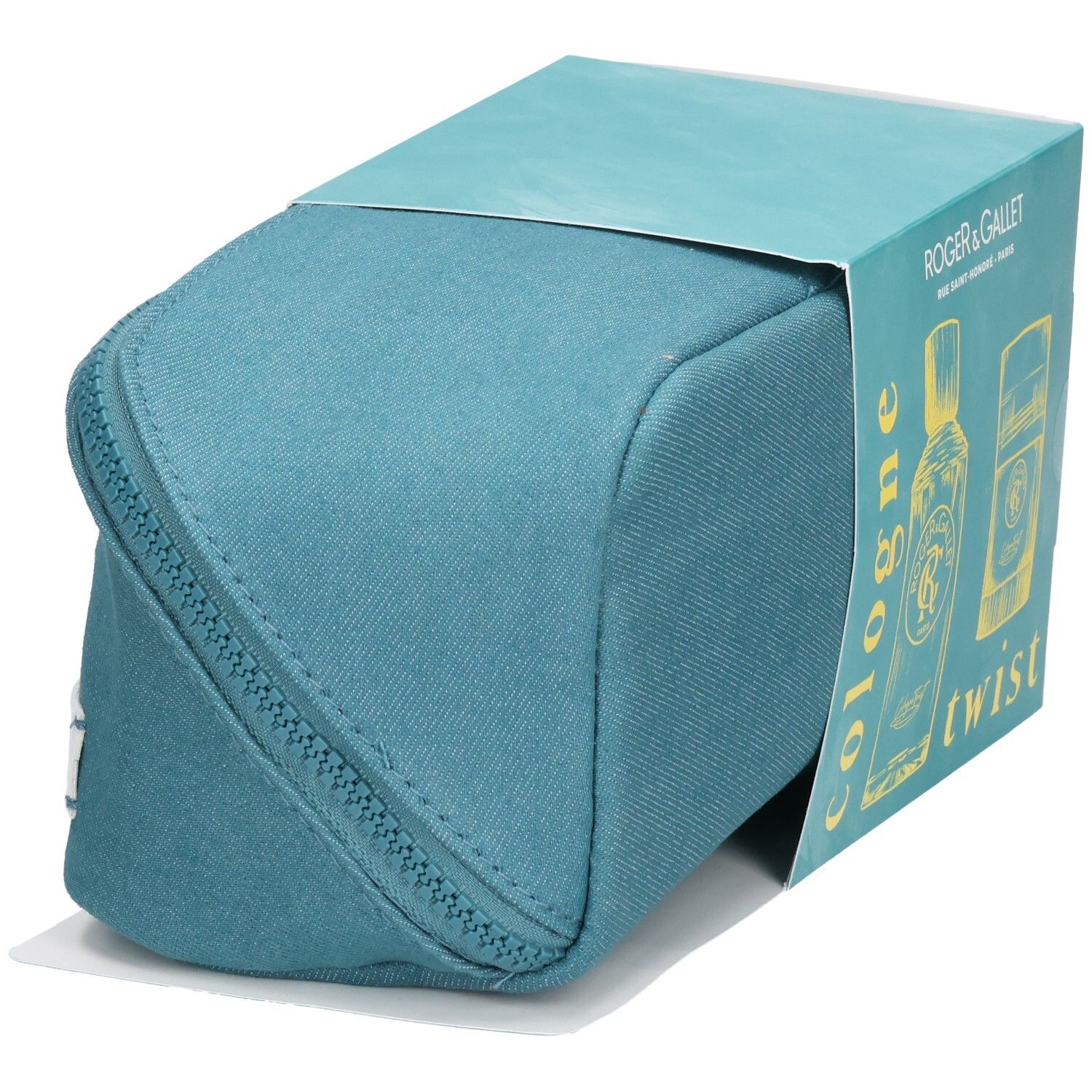 Geschenkset mit blauer Kosmetiktasche und Verpackung. Kosmetiktasche mit Reißverschluss, Verpackung mit Illustrationen und Text.