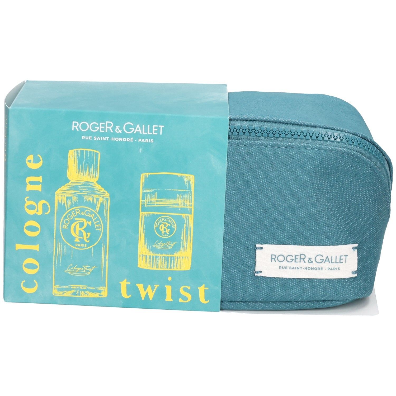 Geschenkset mit blauer Kosmetiktasche und Verpackung. Auf der Verpackung: Illustrationen von Flakon und Deodorant, Schriftzug "cologne twist".