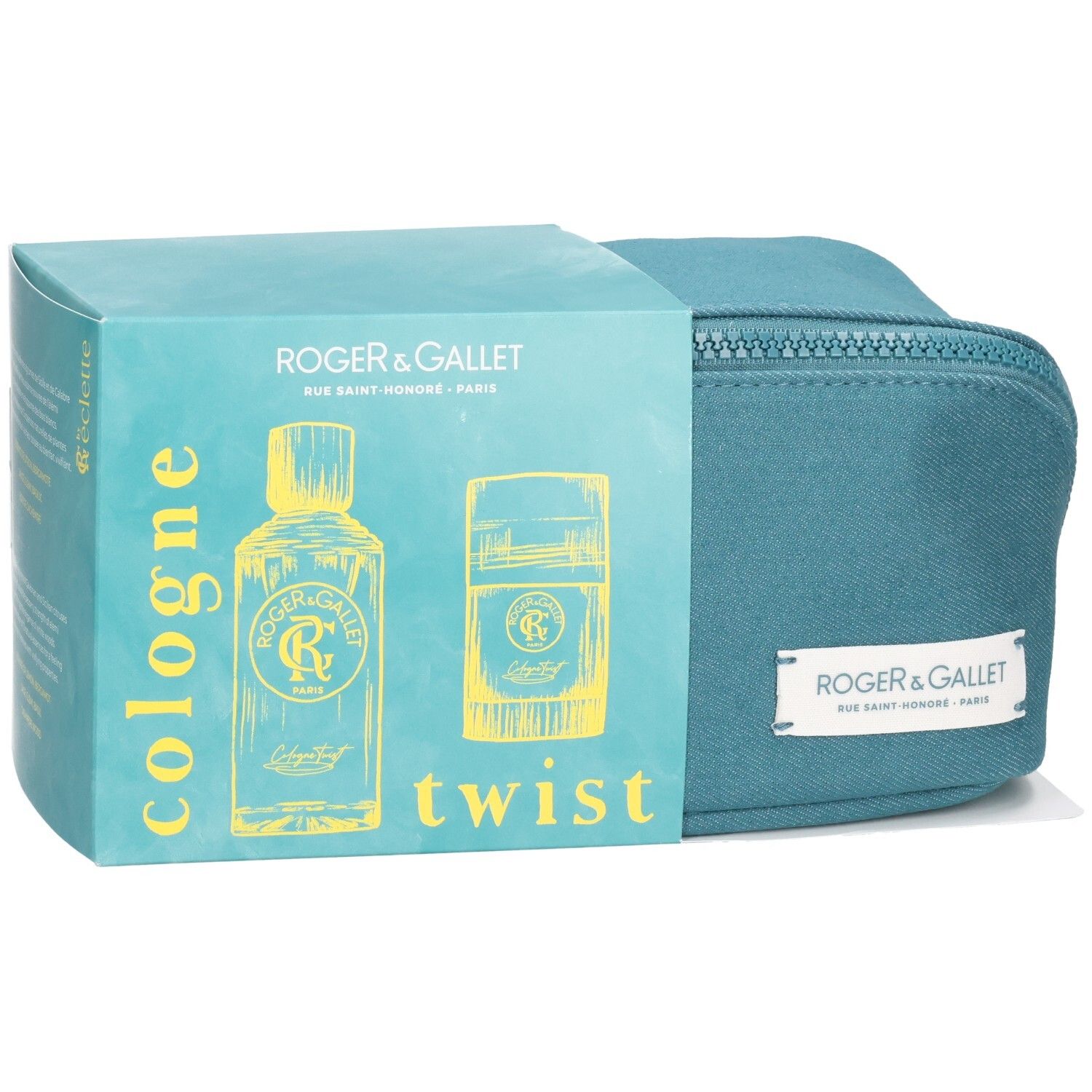 Geschenkset mit blauer Kosmetiktasche und Verpackung. Auf der Verpackung: Illustrationen von Flakon und Deodorant, Schriftzug "cologne twist".