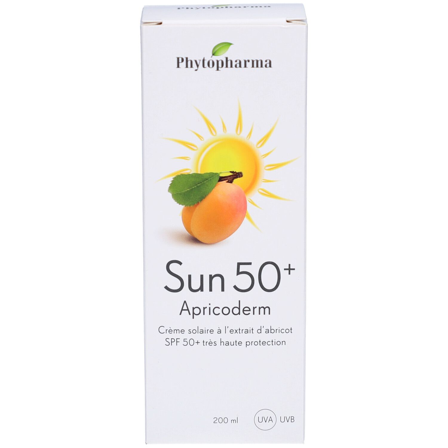 Weiße Kartonverpackung. Aufdruck: Marke, Sonnenmotiv, Aprikose, Produktname, LSF 50+, 200 ml. UVA/UVB-Logo.