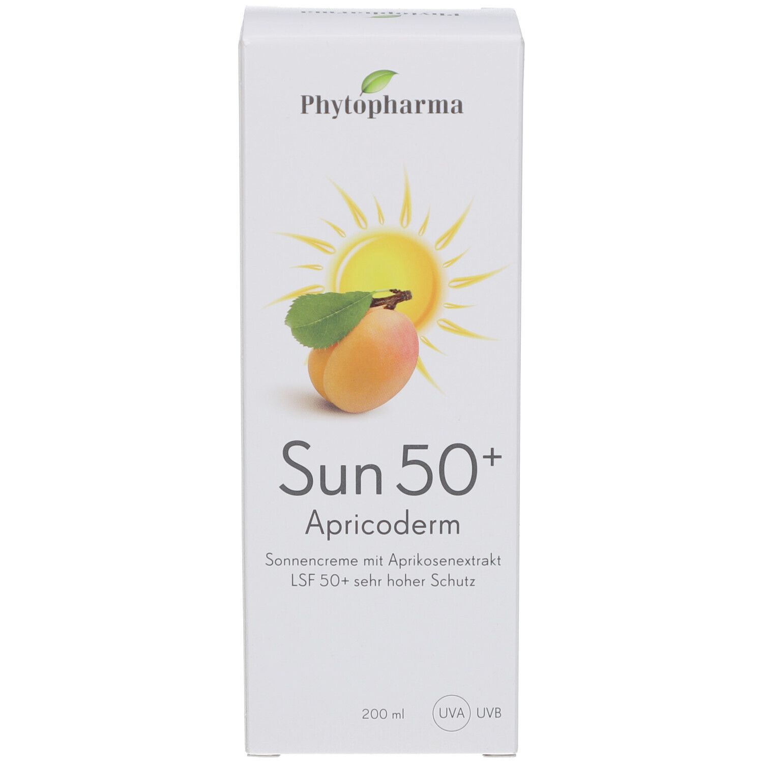 Weiße Kartonverpackung. Aufdruck: Marke, Sonnenmotiv, Aprikose, Produktname, LSF 50+, 200 ml. UVA/UVB-Logo.