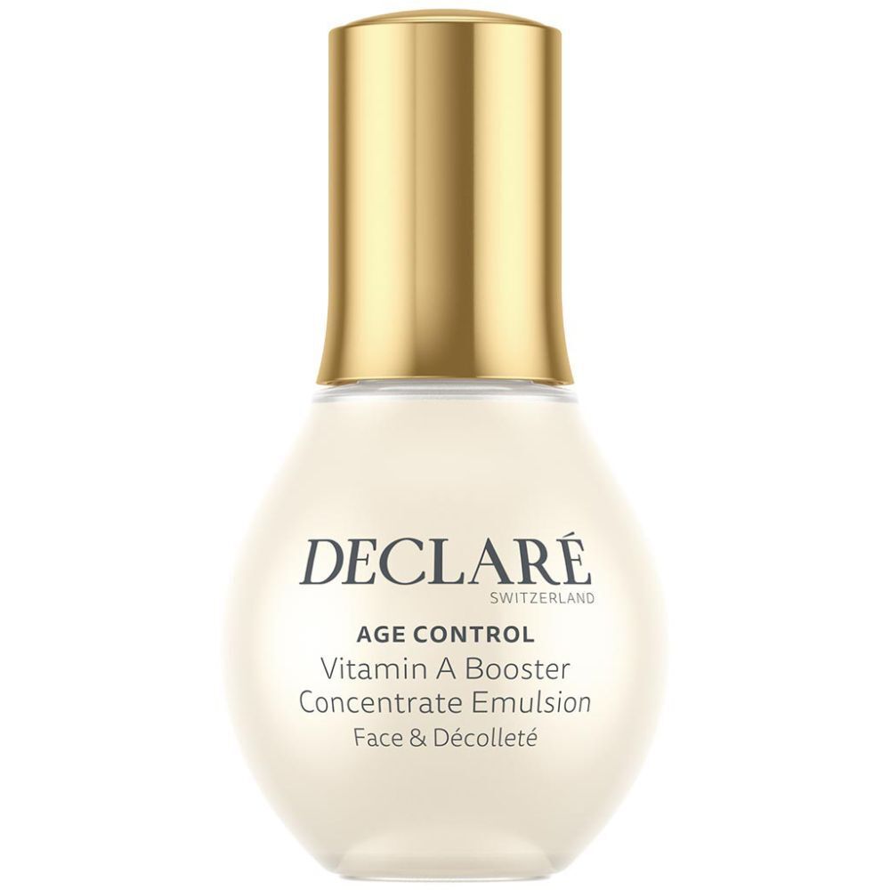 Beige Flasche mit goldenem Deckel. Aufschrift: DECLARÉ, AGE CONTROL, Vitamin A Booster, Concentrate Emulsion, Face & Décolleté.