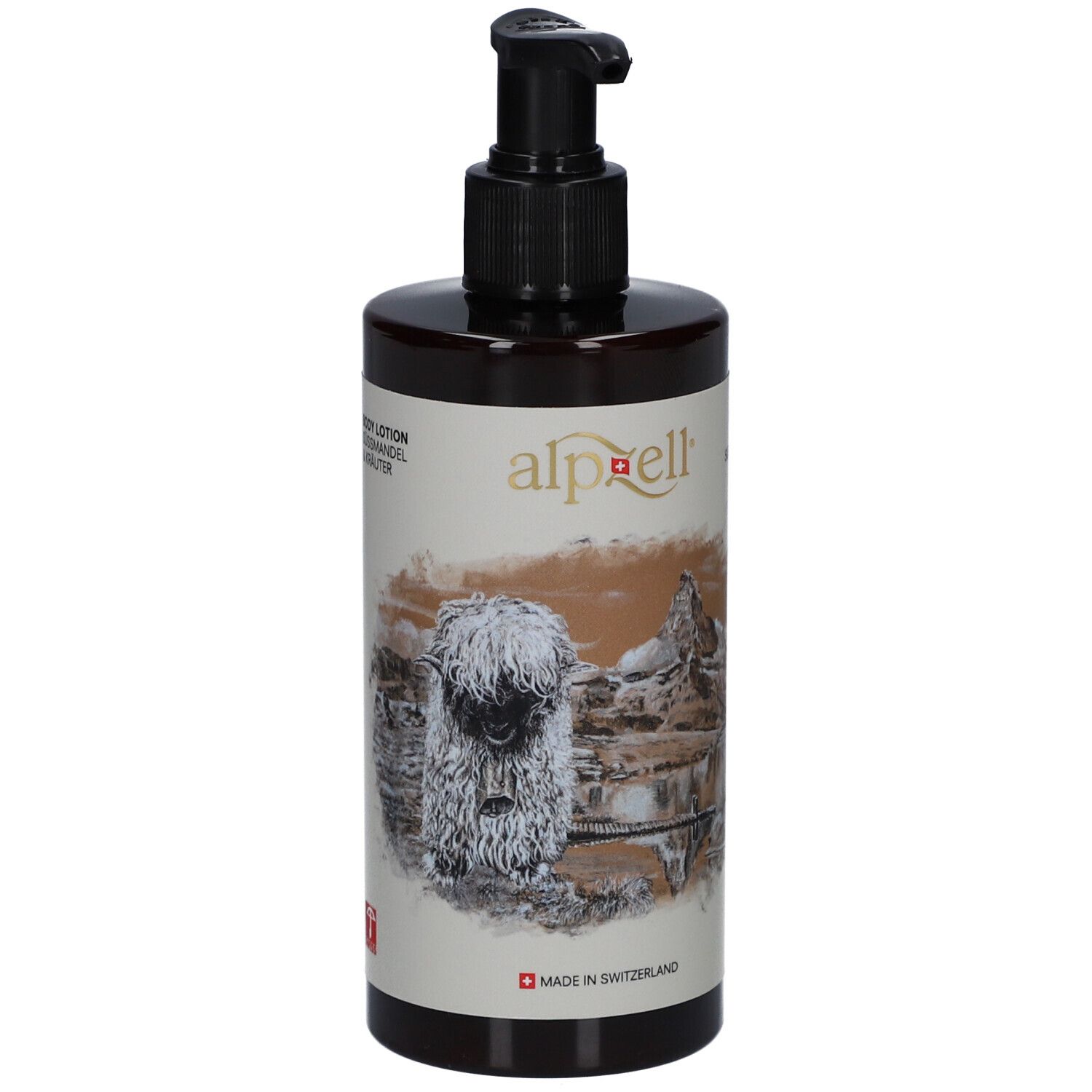 Braune Flasche mit schwarzem Pumpverschluss. Aufkleber mit Logo, Illustration und Schriftzug "Made in Switzerland".