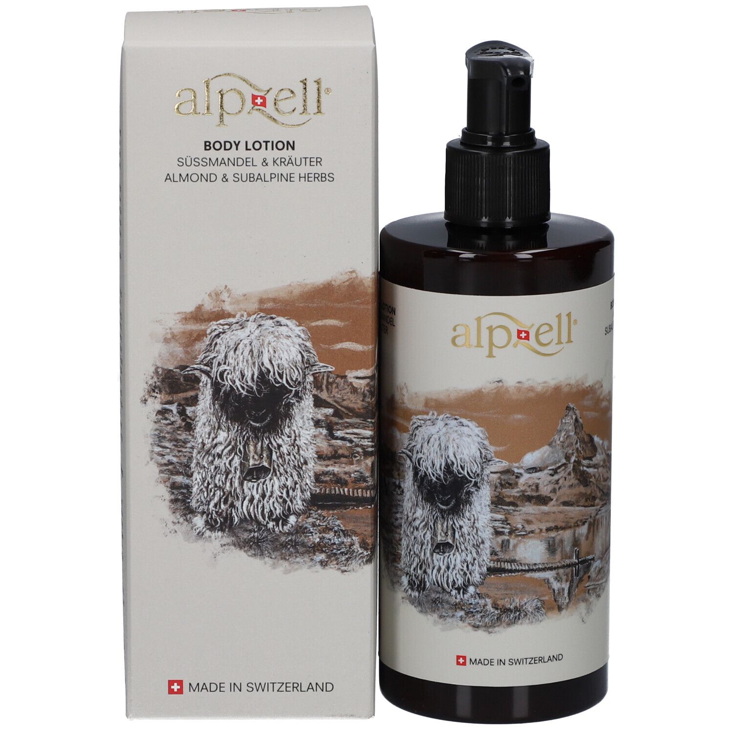 Produktflasche und Verpackung. Braune Flasche mit schwarzem Pumpverschluss. Verpackung mit Logo und Illustration.