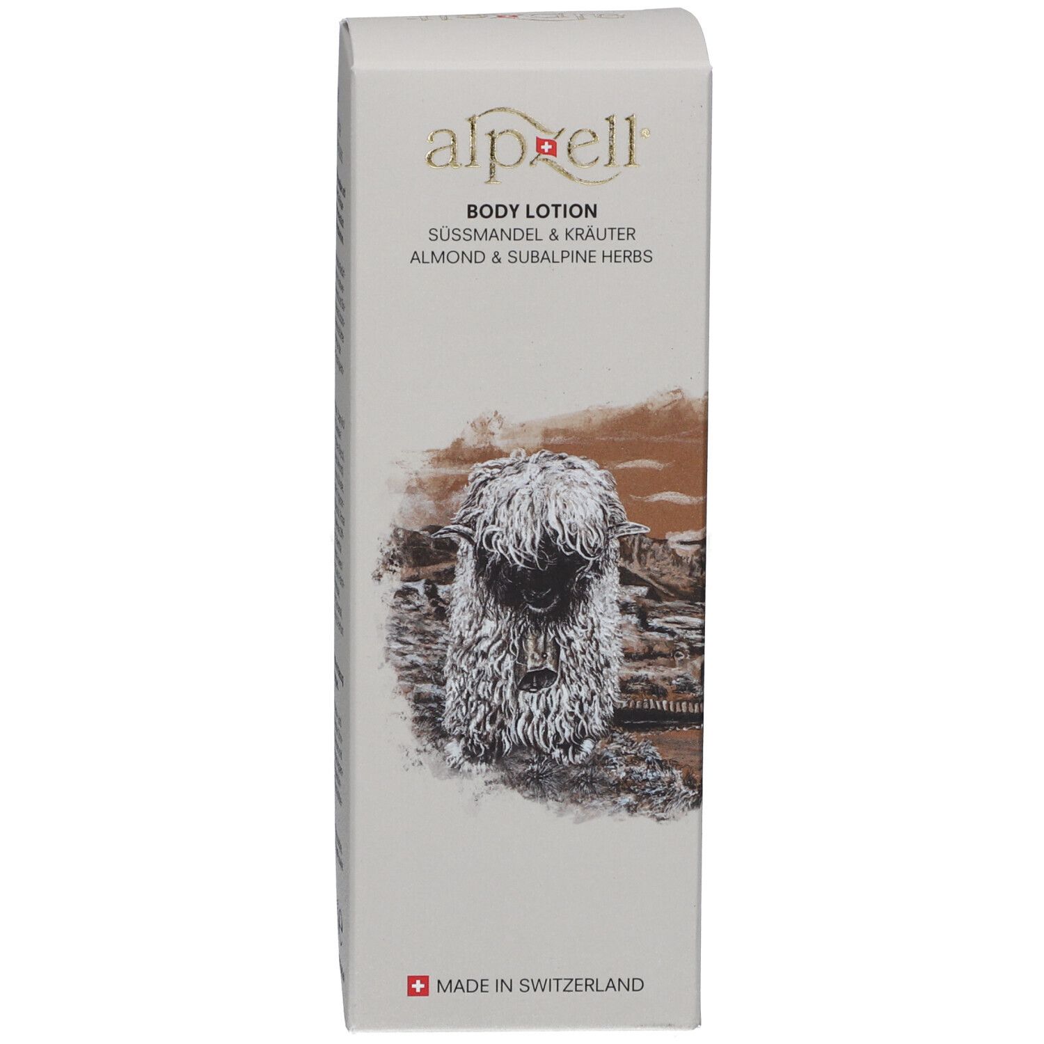 Verpackung mit Logo, Produktnamen und Illustration. Schweizer Flagge. Text: "Body Lotion Süssmandel & Kräuter".