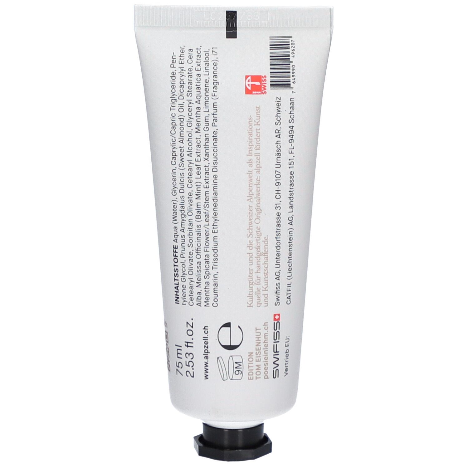 Rückseite der Creme-Tube. Enthält Inhaltsstoffe, Herstellerinformationen und Barcode. Volumen: 75 ml.