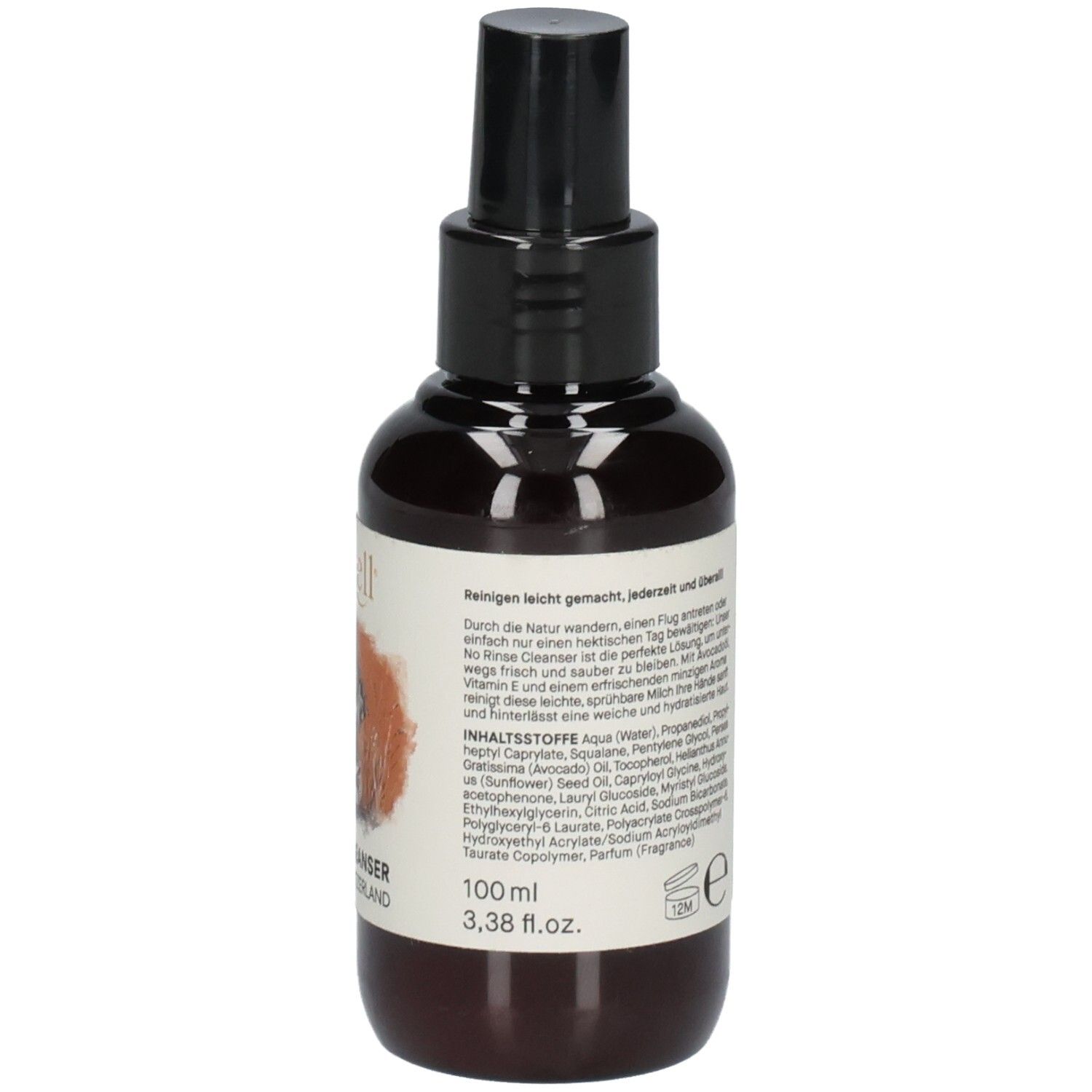 Braune Flasche mit schwarzem Sprühkopf. Etikett mit Logo, Hund, Text, Inhaltsstoffe und Volumenangabe: 100 ml.