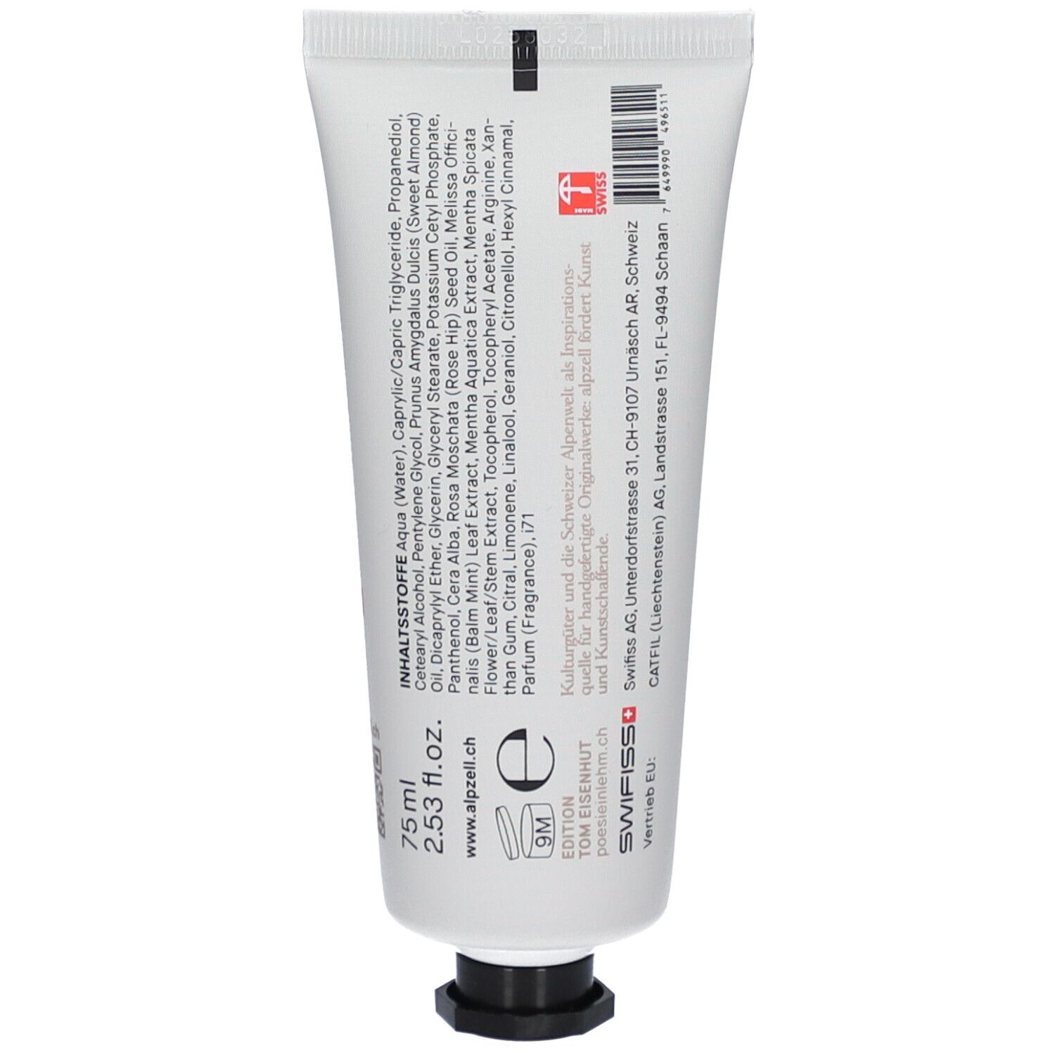 Rückseite der Creme-Tube mit Inhaltsstoffen, Text und Barcode.