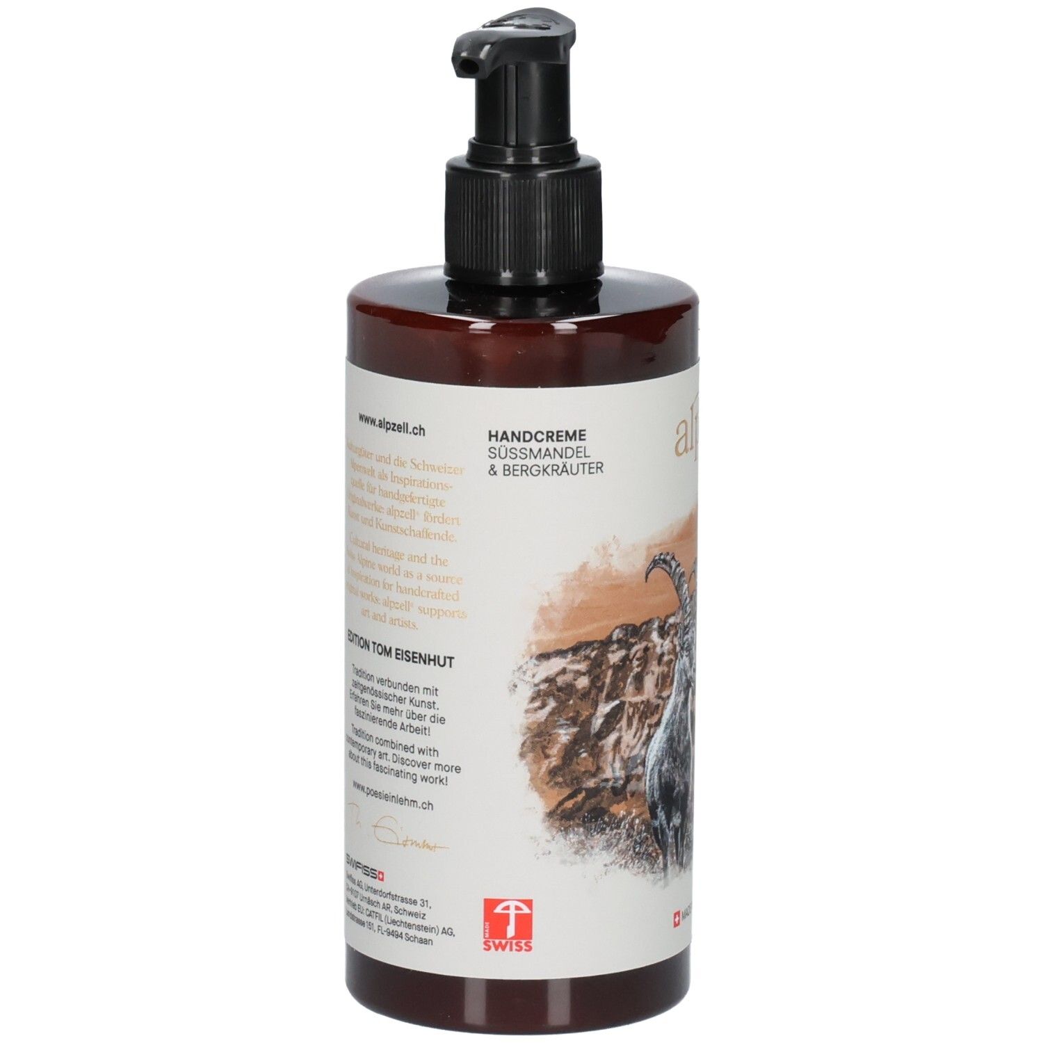 Braune Flasche mit schwarzem Pumpkopf. Aufschrift "alpzell". Text: "Hand Cream". Abbildung eines Steinbocks. "Made in Switzerland".