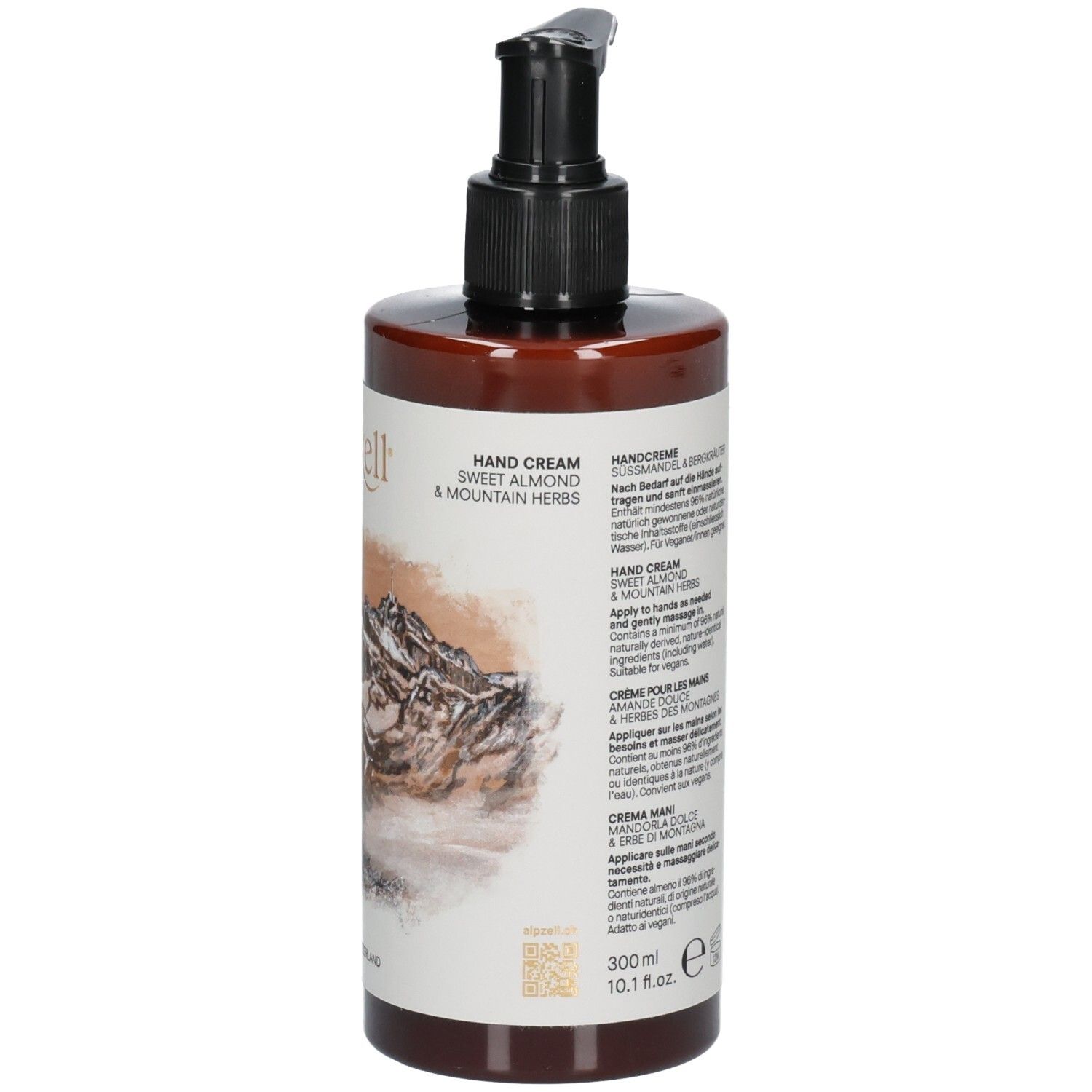 Braune Flasche mit schwarzem Pumpkopf. Aufschrift "alpzell". Text: "Hand Cream". Abbildung Berglandschaft. "300ml".