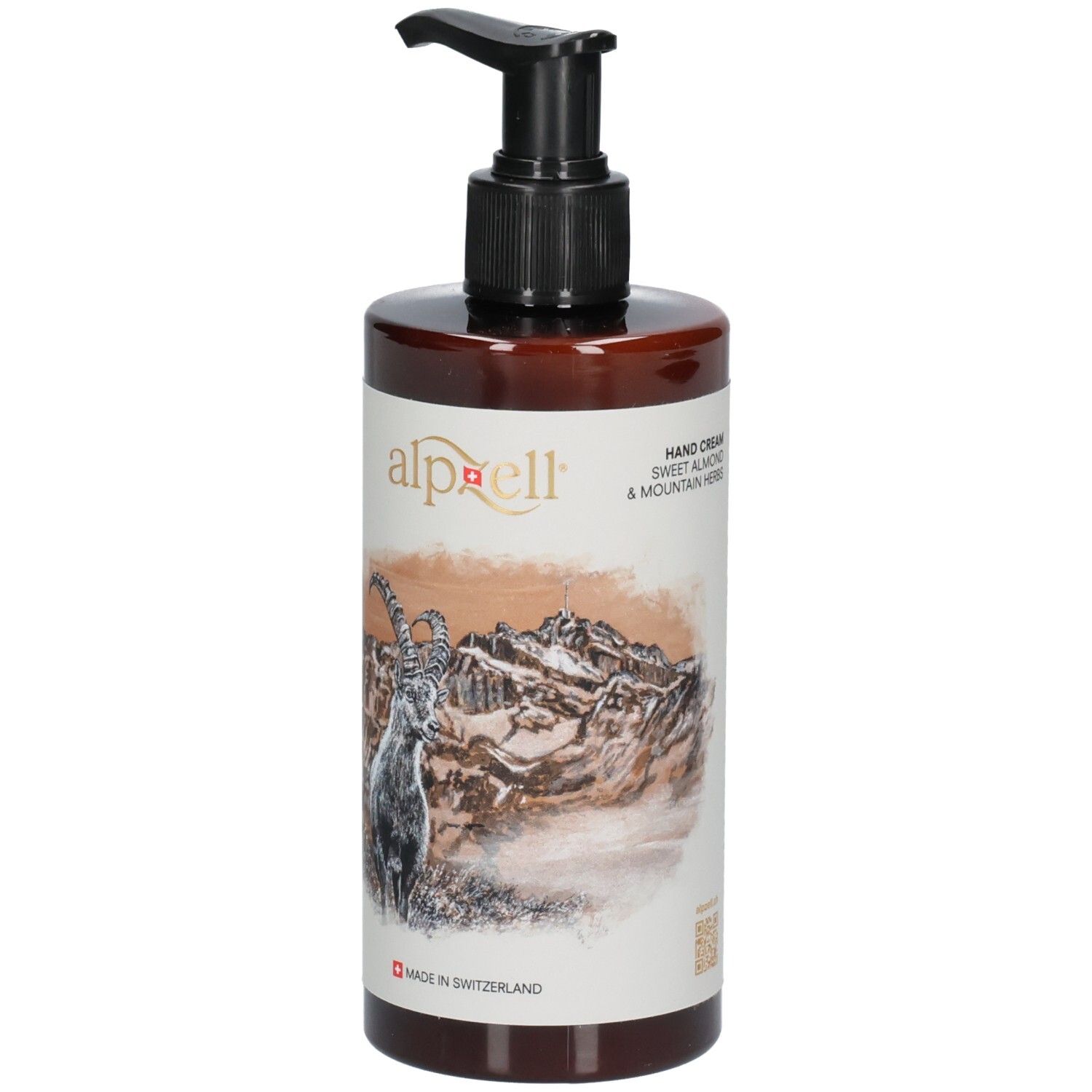 Braune Flasche mit schwarzem Pumpkopf. Aufschrift "alpzell". Text: "Hand Cream". Abbildung Steinbock und Berglandschaft. "Made in Switzerland".