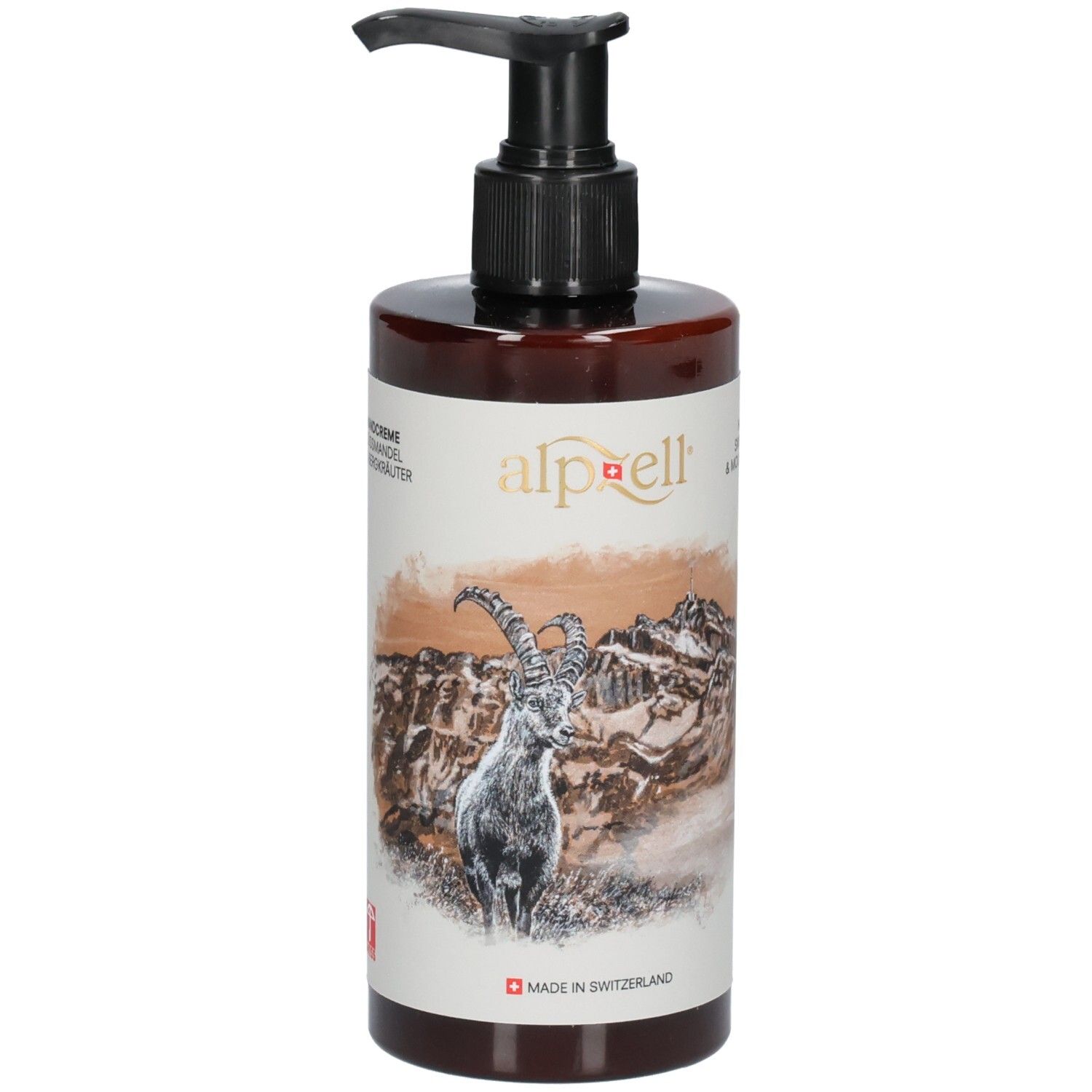 Braune Flasche mit schwarzem Pumpkopf. Aufschrift "alpzell". Text: "Hand Cream". Abbildung Steinbock und Berglandschaft. "Made in Switzerland".