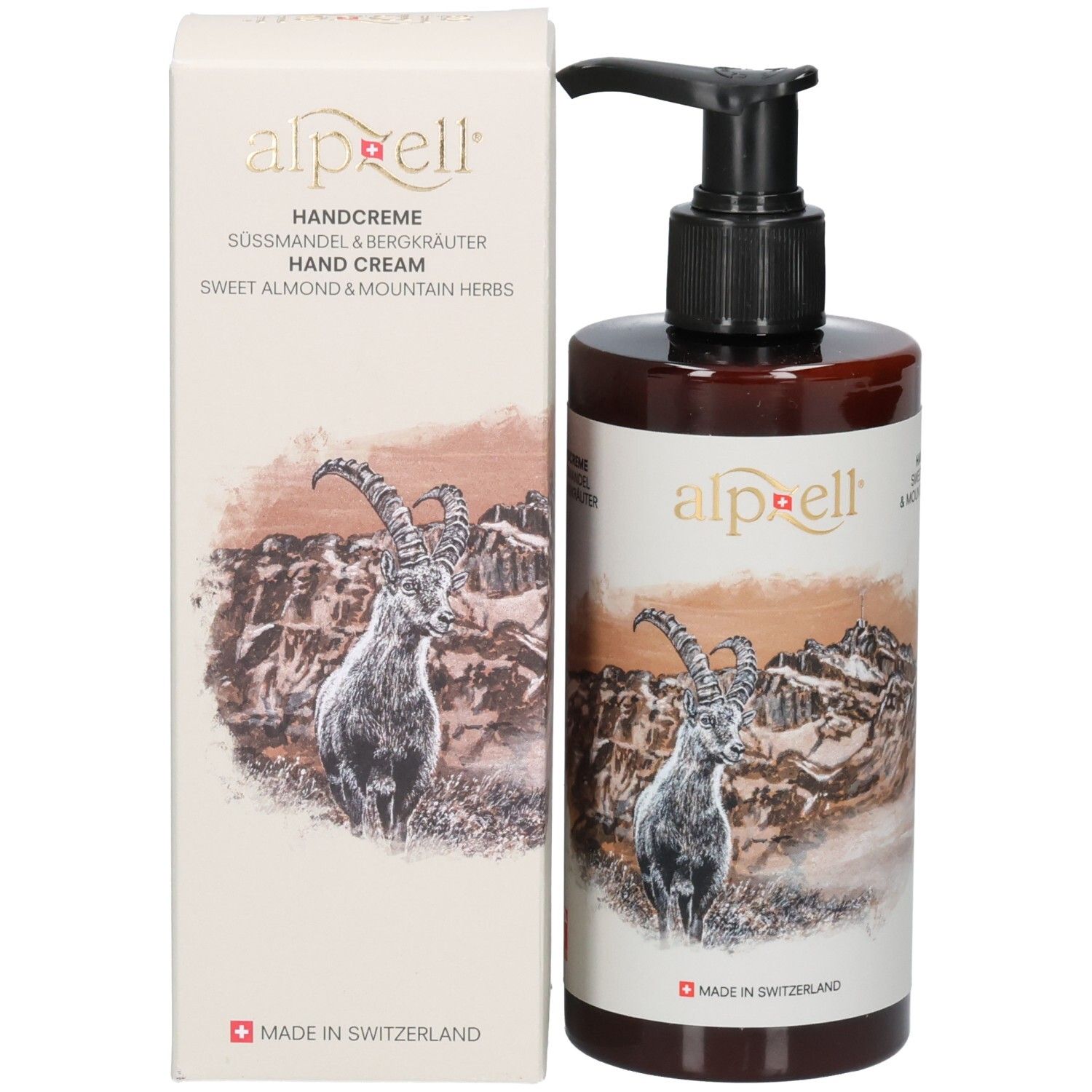 Produktverpackung und Flasche. Verpackung: Weiß, Aufschrift "alpzell", "Hand Cream". Flasche: braun, schwarzer Pumpkopf, "alpzell".
