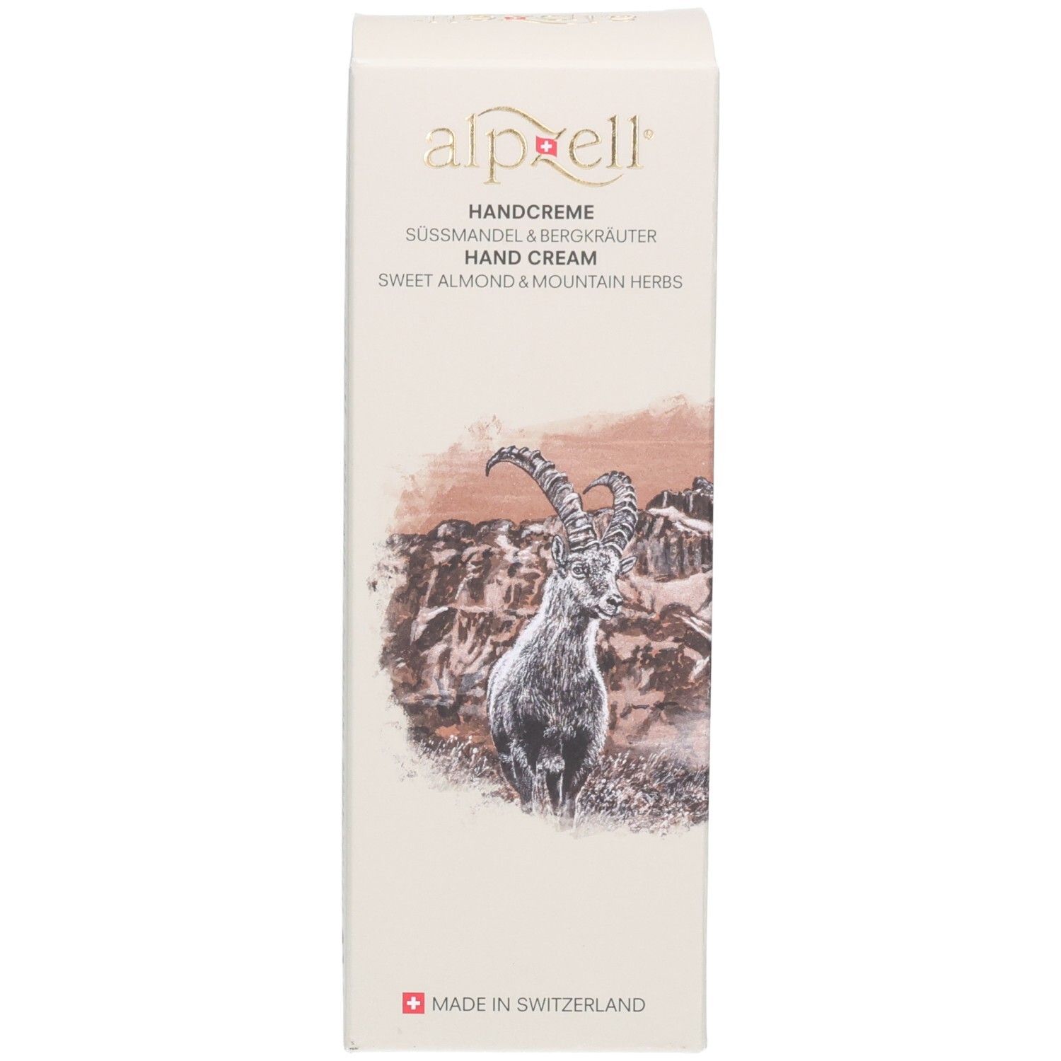 Weiße Produktverpackung. Aufschrift "alpzell", "Hand Cream". Abbildung Steinbock und Berglandschaft. "Made in Switzerland".