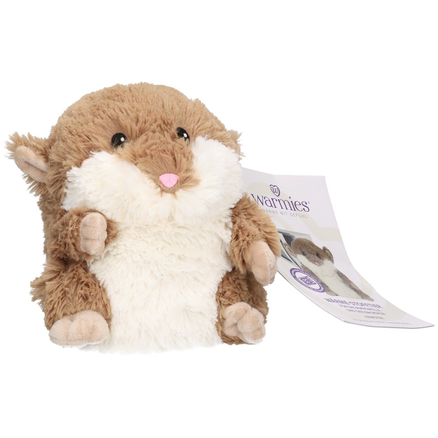 Braunes Hamster-Wärmekissen mit weißem Bauch und rosa Nase. Mit Etikett.