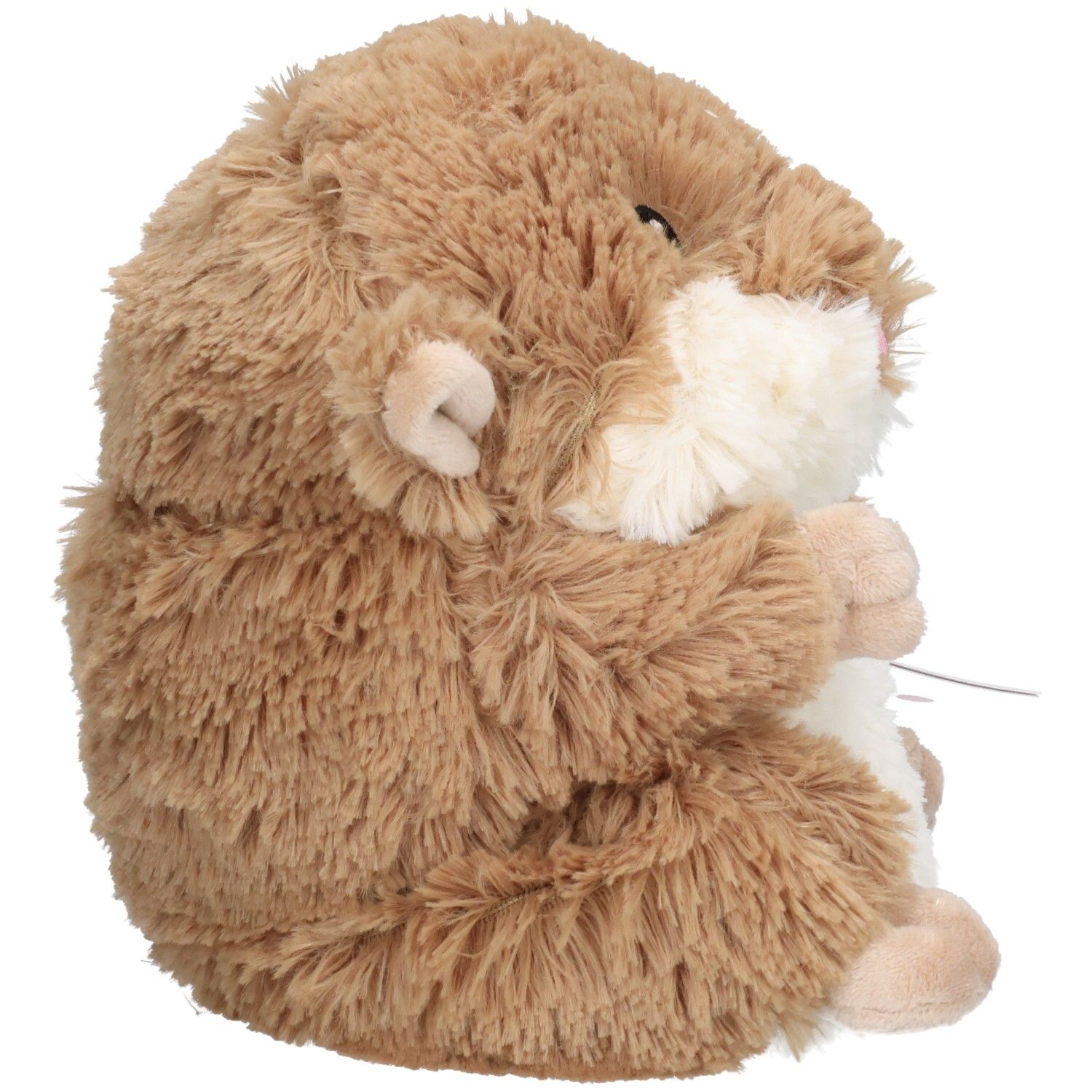 Seitenansicht eines braunen Hamster-Wärmekissens mit flauschigem Fell.