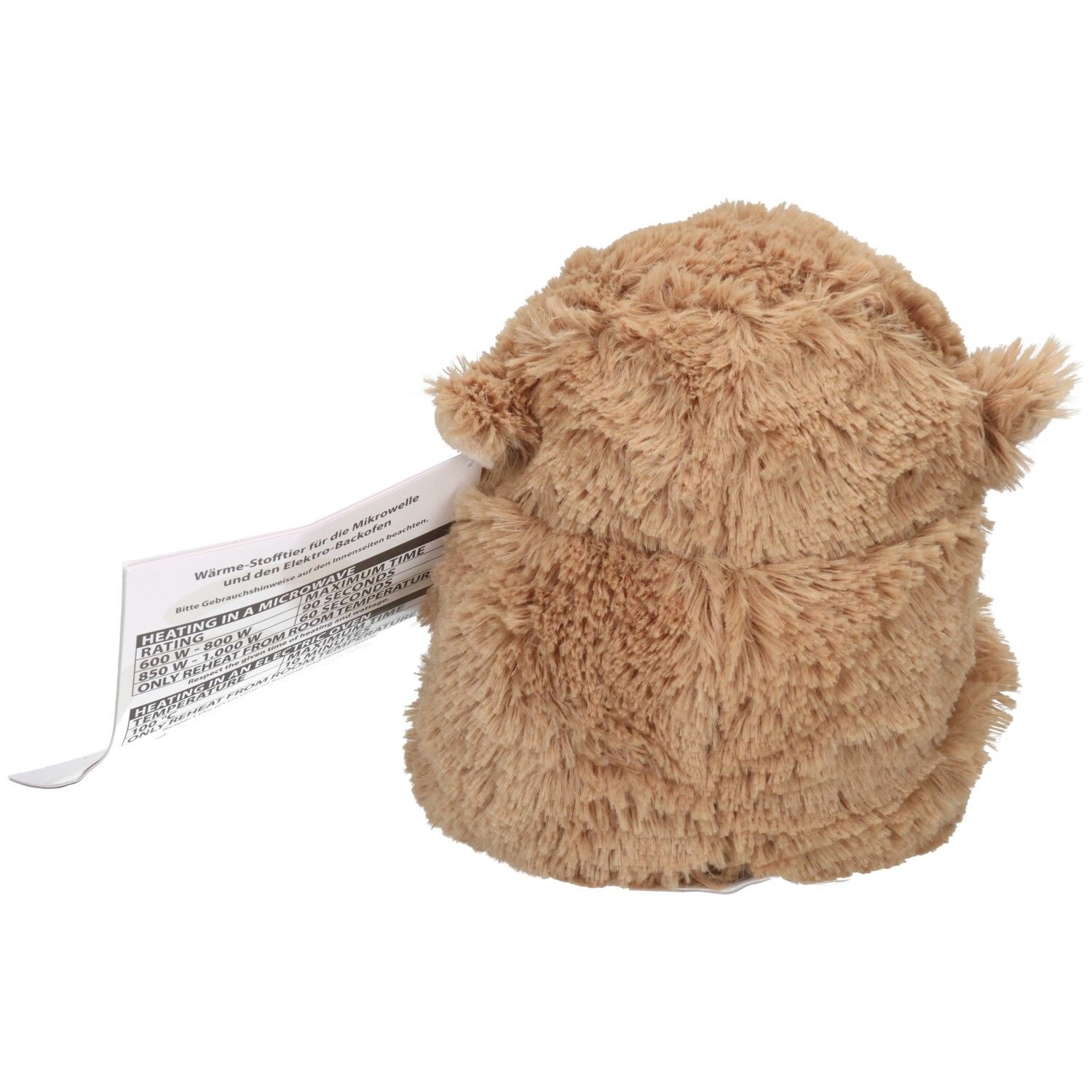 Rückseite eines braunen Hamster-Wärmekissens mit angebrachtem Pflegeetikett.