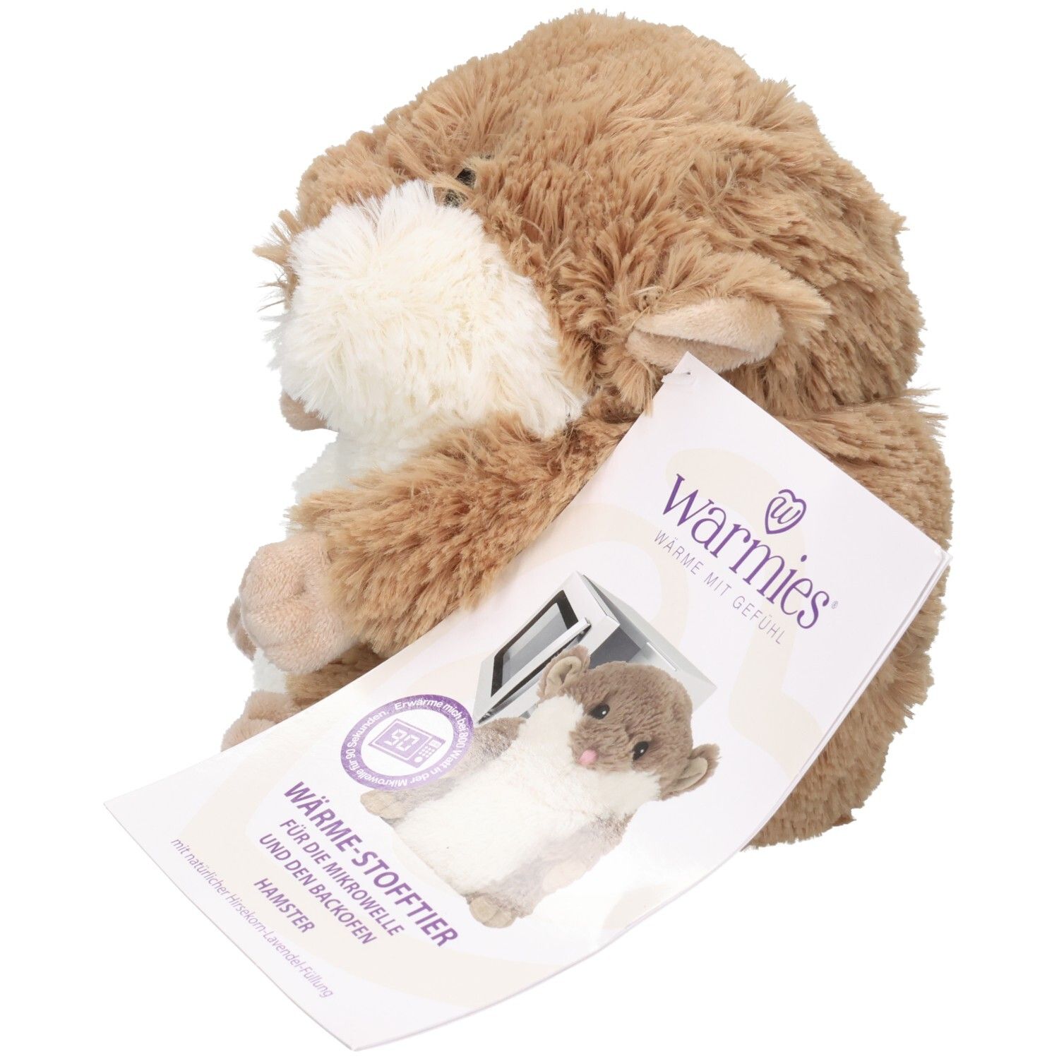 Nahaufnahme eines braunen Hamster-Wärmekissens mit Produktetikett.