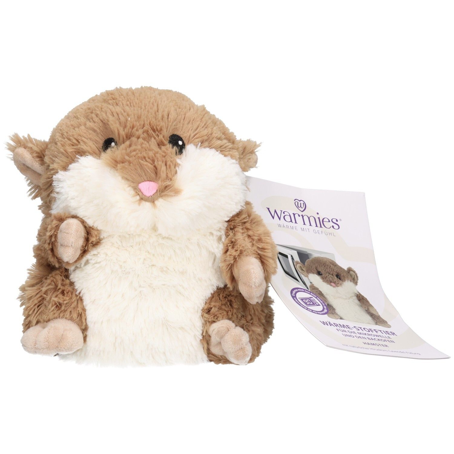 Braunes Hamster-Wärmekissen mit weißem Bauch und rosa Nase. Mit Etikett.