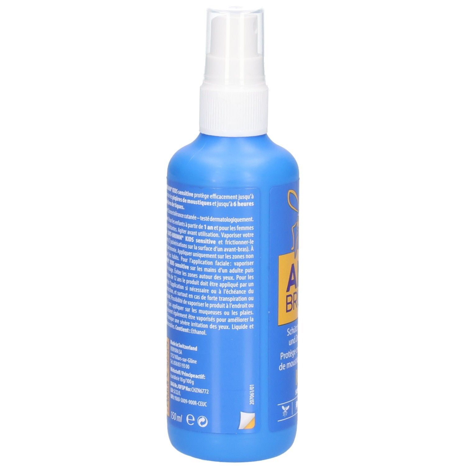 Rückseite der ANTI BRUMM Kids Sensitive Sprühflasche mit Anwendungshinweisen.