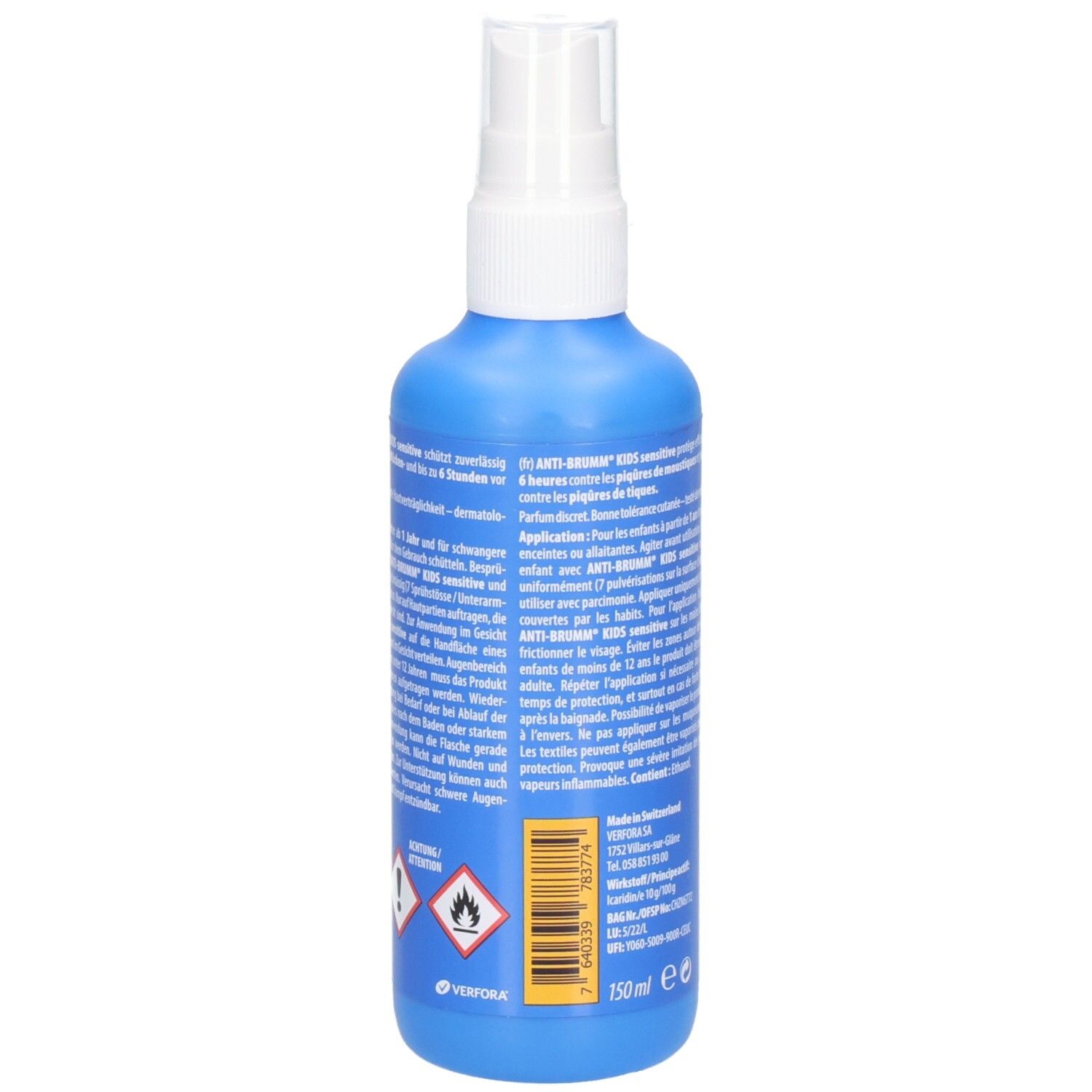 Rückseite der ANTI BRUMM Kids Sensitive Sprühflasche mit Warnhinweisen und Barcode.