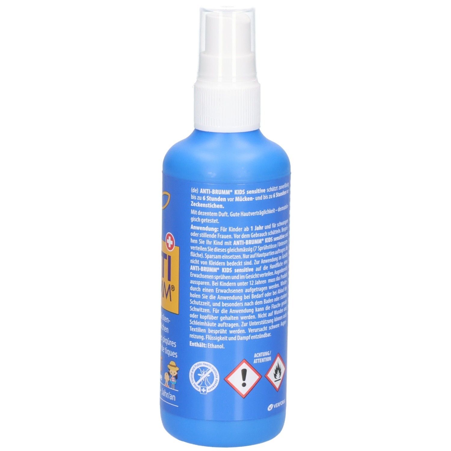 Rückseite der ANTI BRUMM Kids Sensitive Sprühflasche mit Anwendungshinweisen und Gefahrensymbolen.