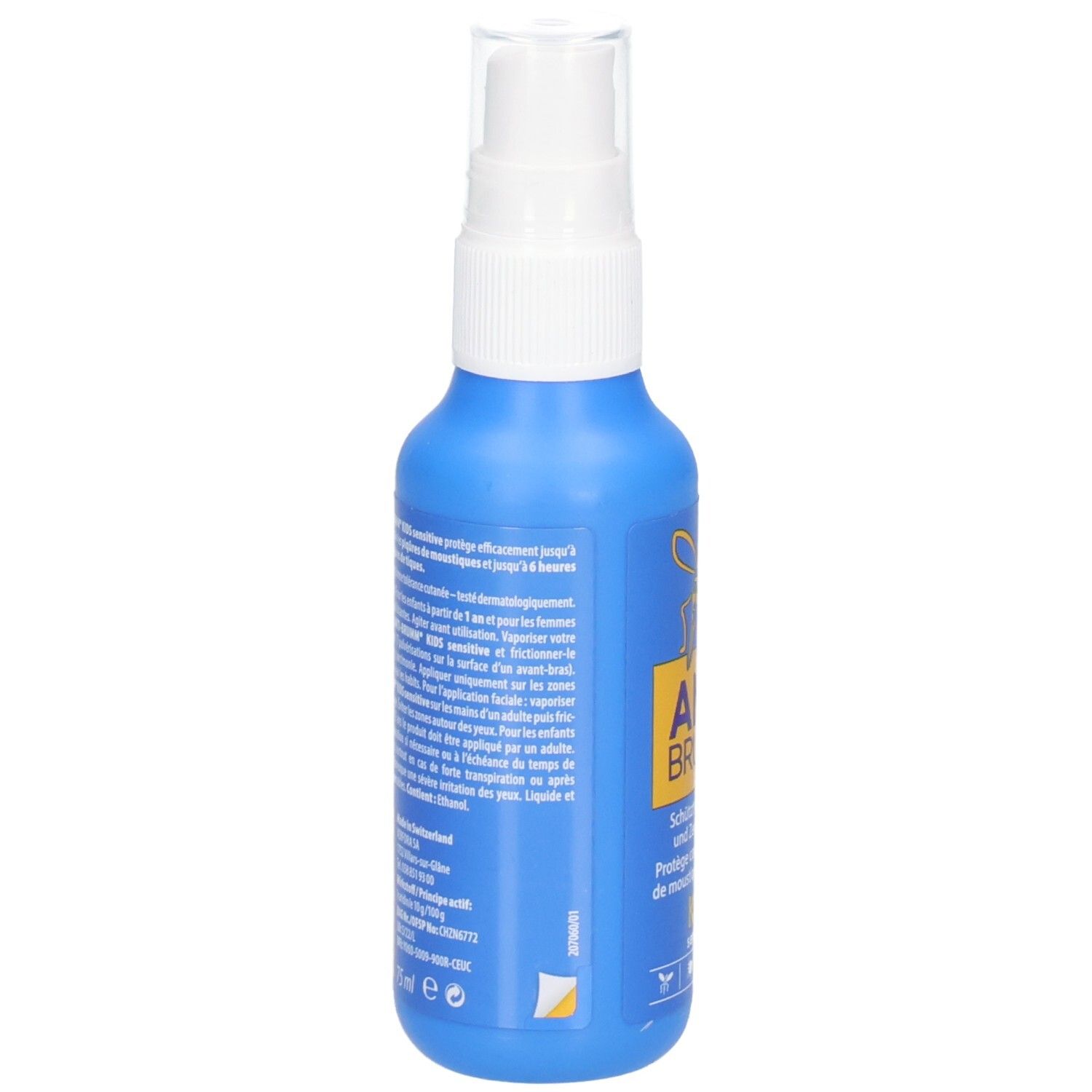 Rückseite der ANTI BRUMM Kids Sensitive Sprühflasche mit Anwendungshinweisen.