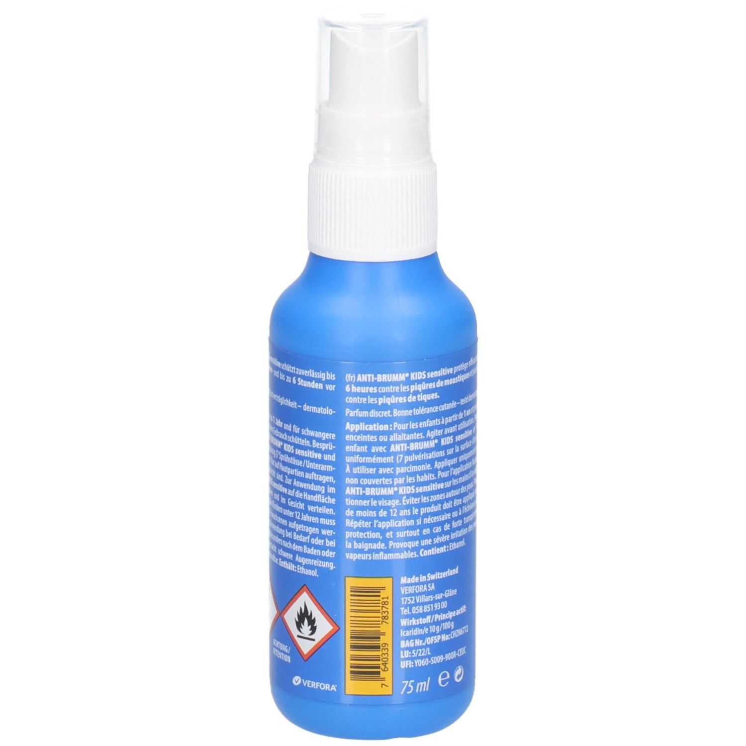 Seitenansicht der ANTI BRUMM Kids Sensitive Sprühflasche mit Warnsymbolen.