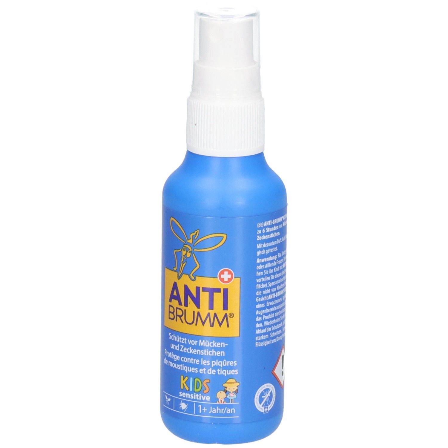 Vorderseite der ANTI BRUMM Kids Sensitive Sprühflasche mit Mückensymbol.