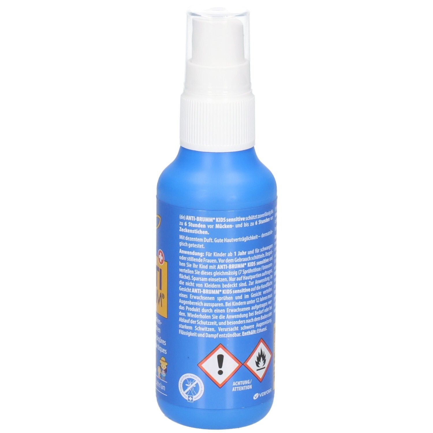 Detailansicht der ANTI BRUMM Kids Sensitive Sprühflasche mit Warnhinweisen.
