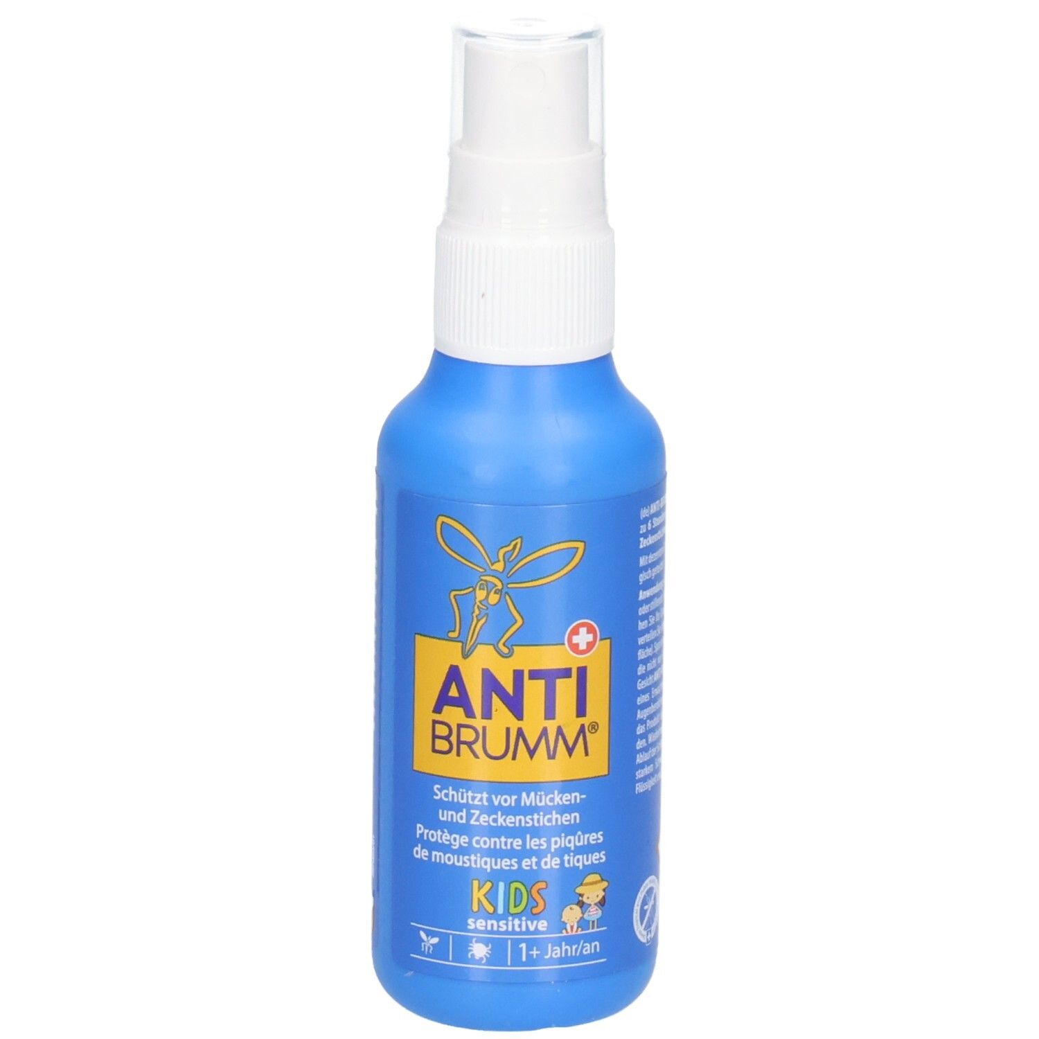 ANTI BRUMM Kids Sensitive Sprühflasche, vorne mit Logo und Mückenschutz-Symbol.