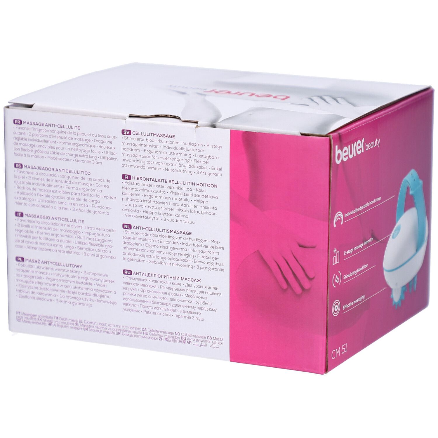 Rückseite der Verpackung des Cellulite Massagegeräts CM 51. Mehrsprachige Produktinformationen und Beurer-Logo.