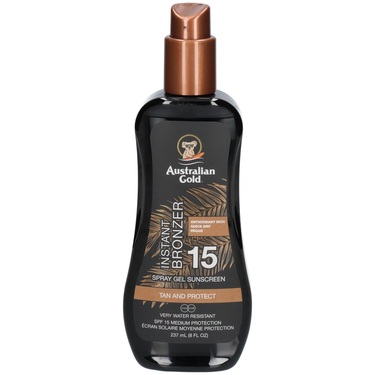 Schwarze Sprühflasche mit australischem Gold Instant Bronzer SPF 15 Spray Gel Sonnenschutz.