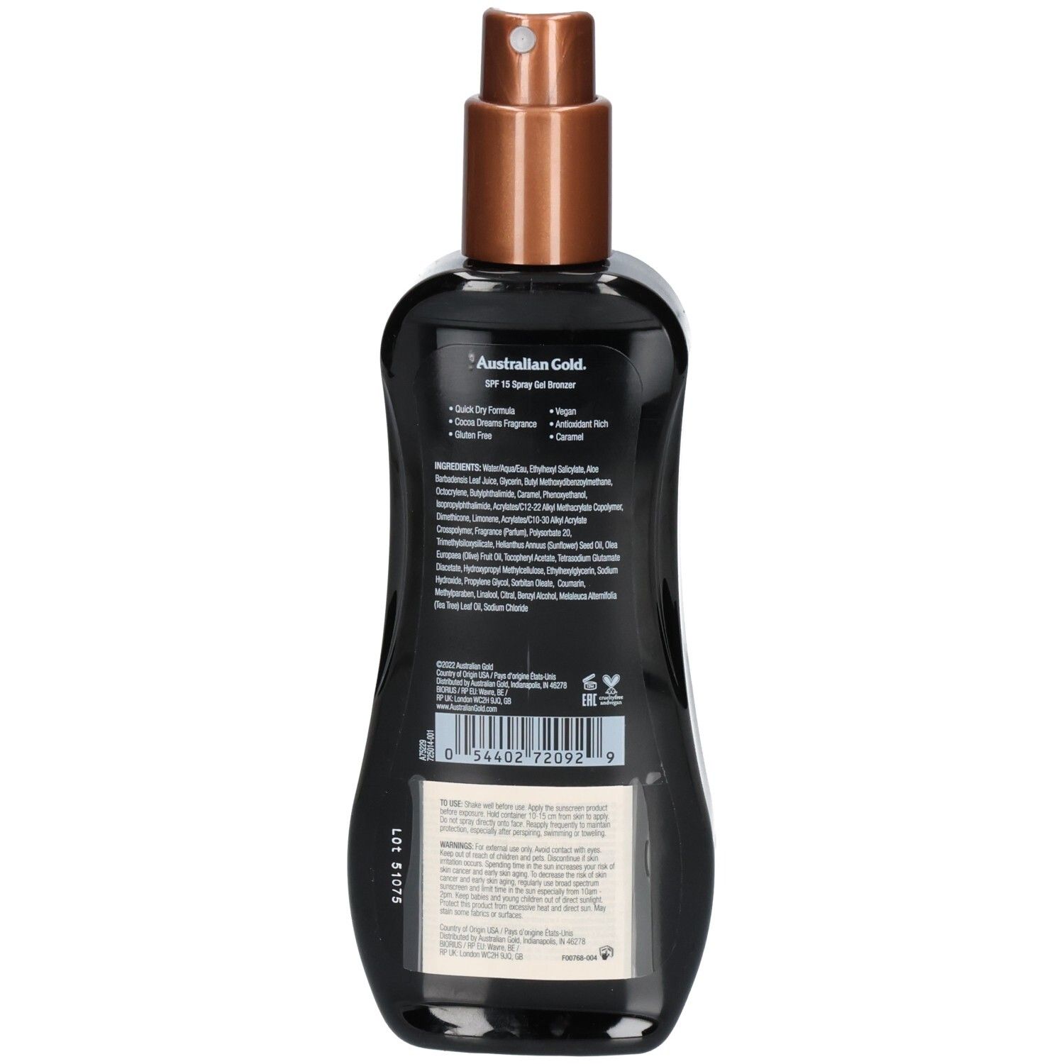 Rückseite einer schwarzen Sprühflasche mit australischem Gold Instant Bronzer SPF 15 Spray Gel Sonnenschutz.