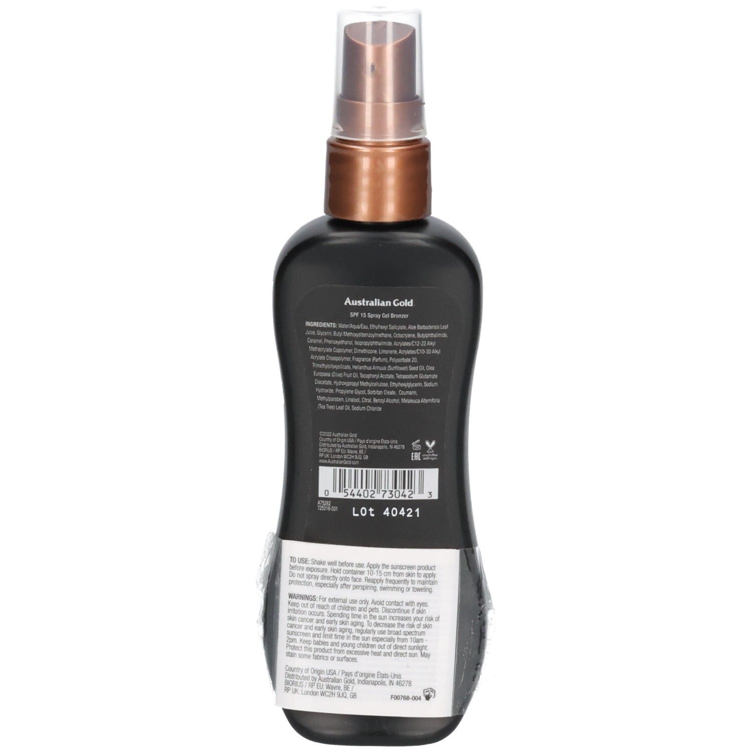Rückseite einer schwarzen Sprühflasche mit australischem Gold Instant Bronzer LSF 15.