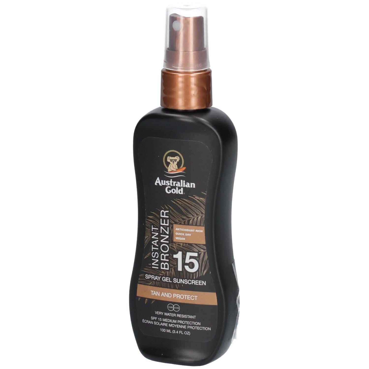 Schwarze Sprühflasche mit australischem Gold Instant Bronzer LSF 15.