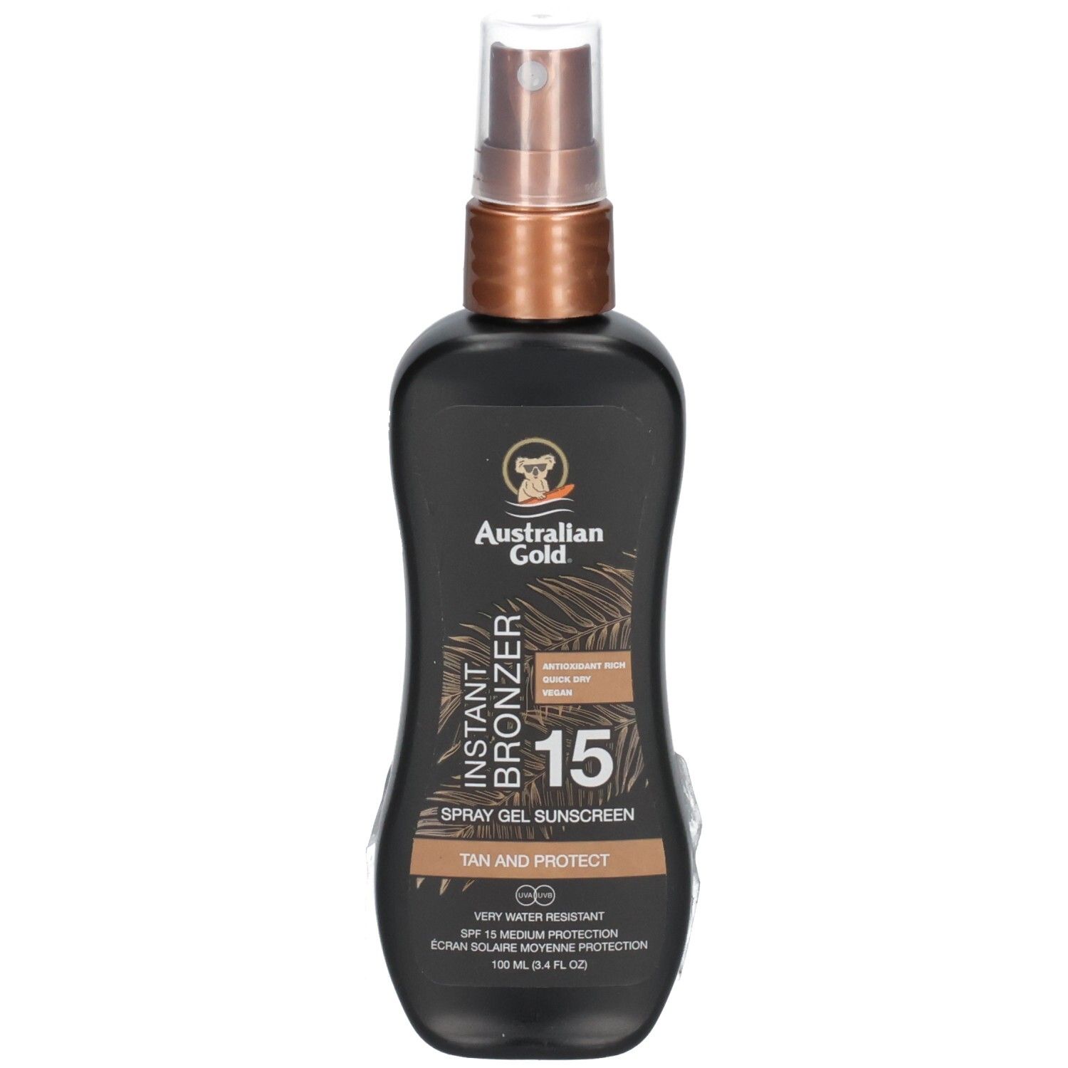 Schwarze Sprühflasche mit australischem Gold Instant Bronzer LSF 15.