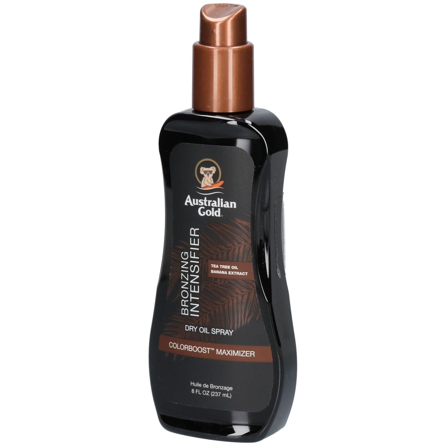 Australisches Gold Bronzing Intensifier Dry Oil Spray mit Sprühkopf und Palmenblatt-Design.