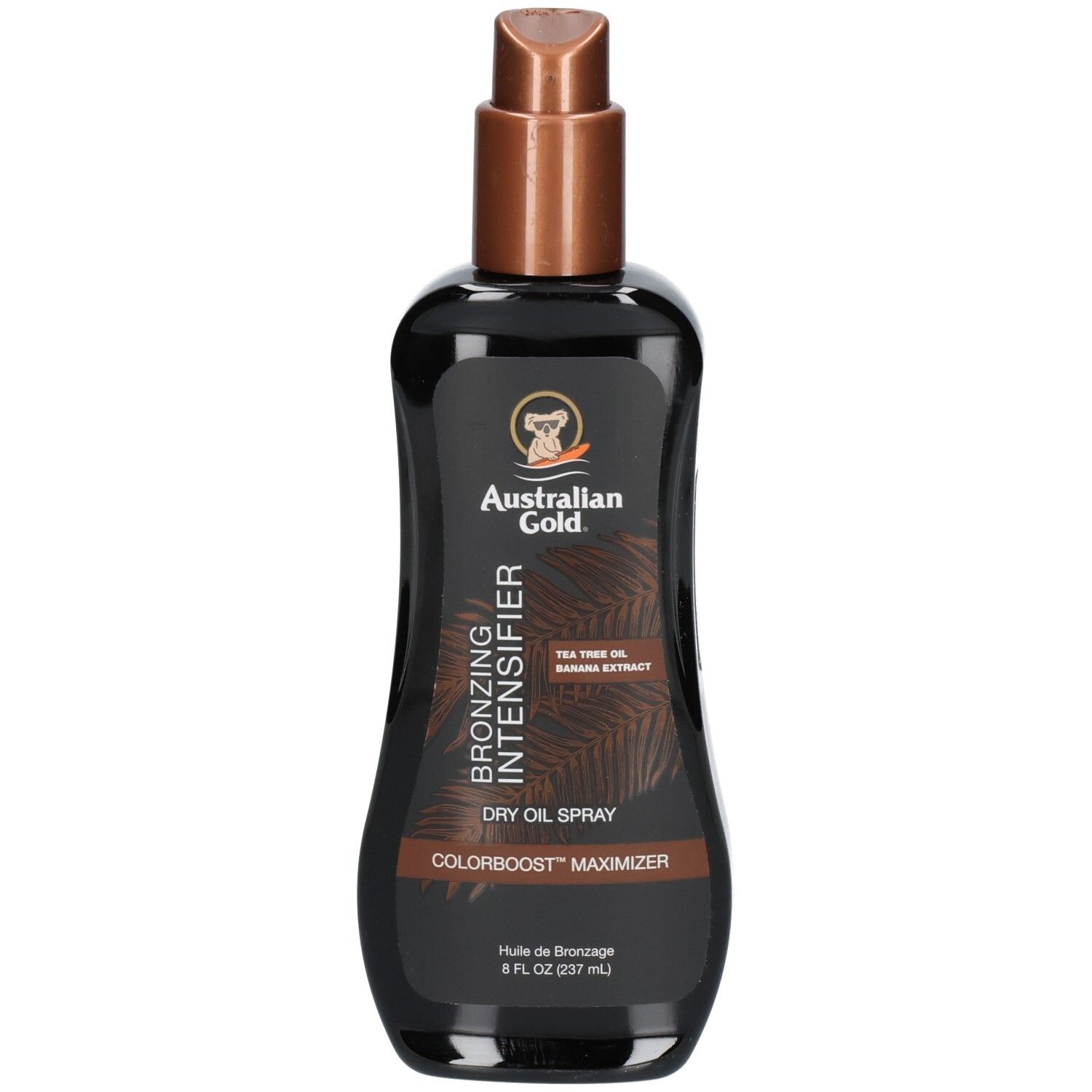 Australisches Gold Bronzing Intensifier Dry Oil Spray, Vorderseite mit Sprühkopf und Etikett.
