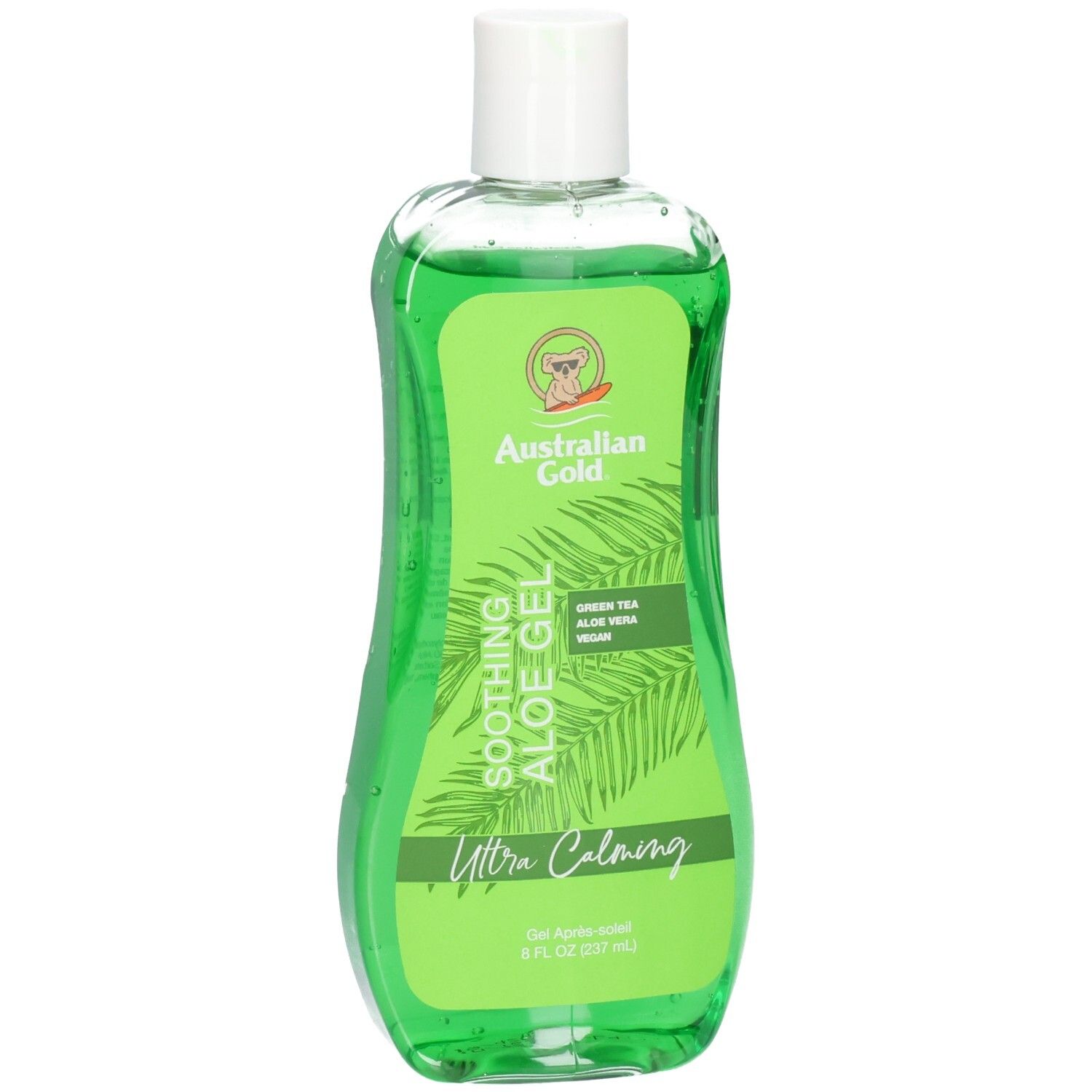 Grüne Flasche Australian Gold Soothing Aloe After Sun Gel mit weißem Verschluss. Enthält Aloe Vera und grünen Tee.