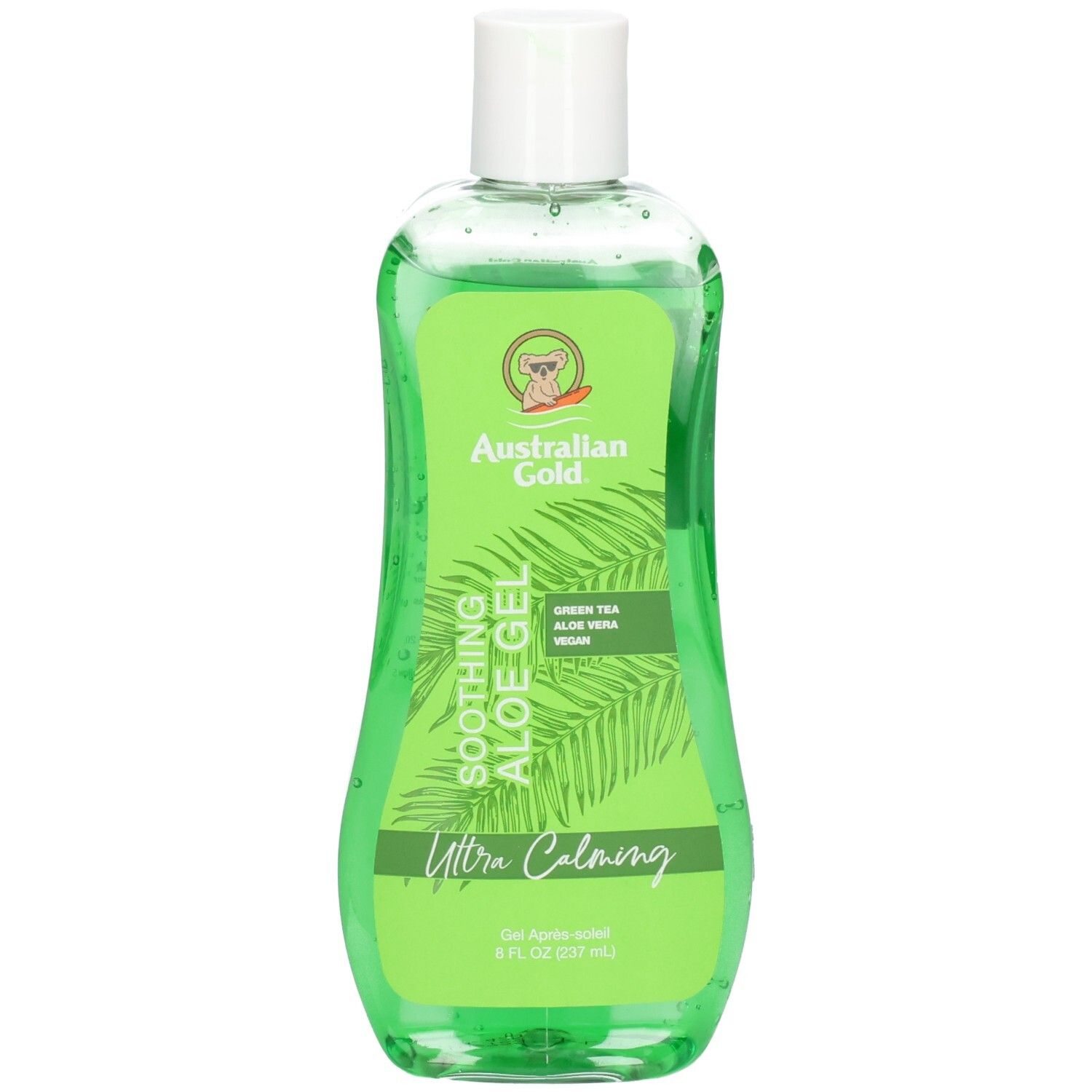 Grüne Flasche Australian Gold Soothing Aloe After Sun Gel mit weißem Verschluss. Enthält Aloe Vera und grünen Tee.