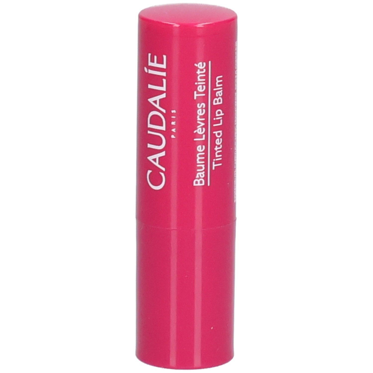 Bâton de baume à lèvres rouge. Inscription CAUDALIE PARIS et Baume Lèvres Teinté Tinted Lip Balm.