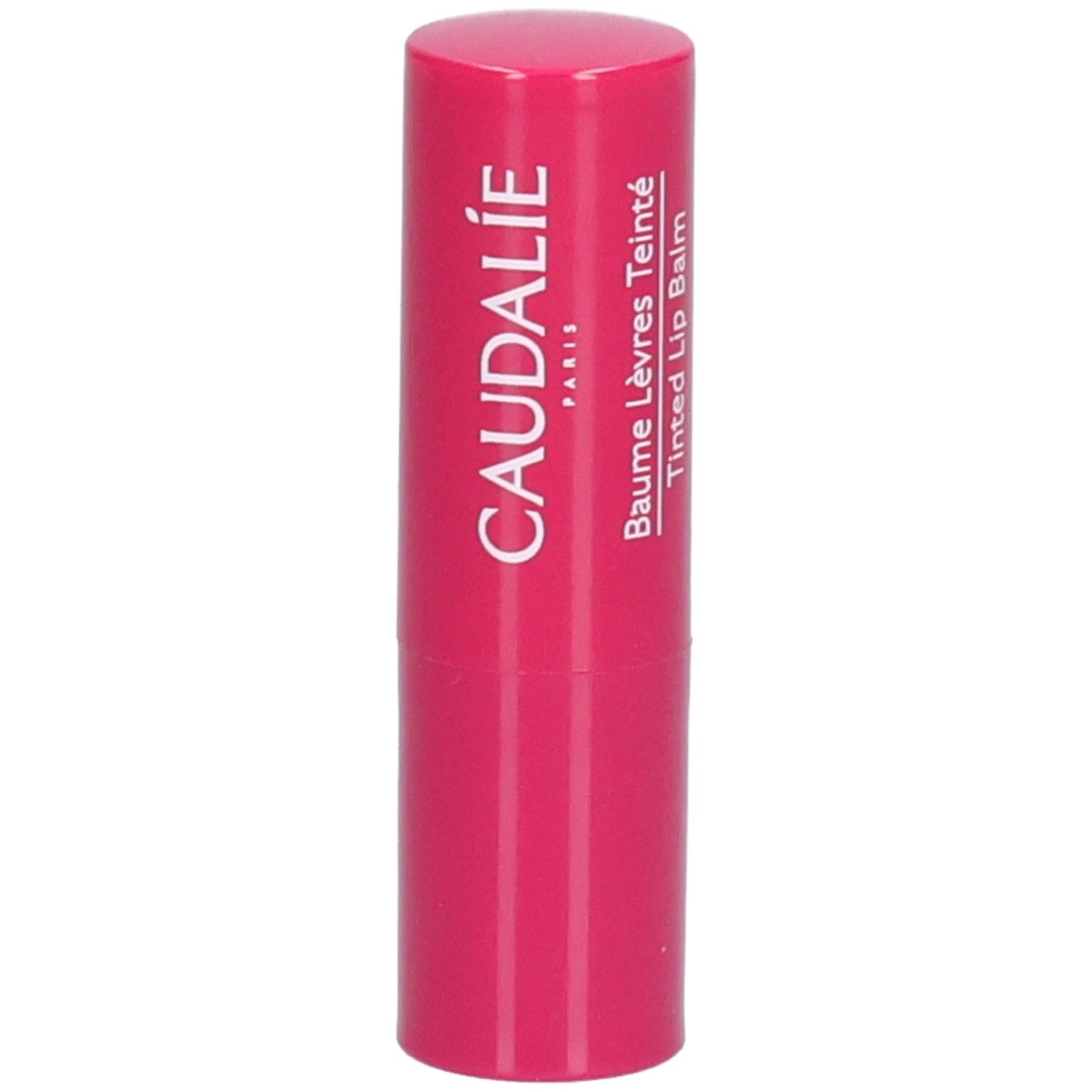Bâton de baume à lèvres rouge. Inscription CAUDALIE PARIS et Baume Lèvres Teinté Tinted Lip Balm.