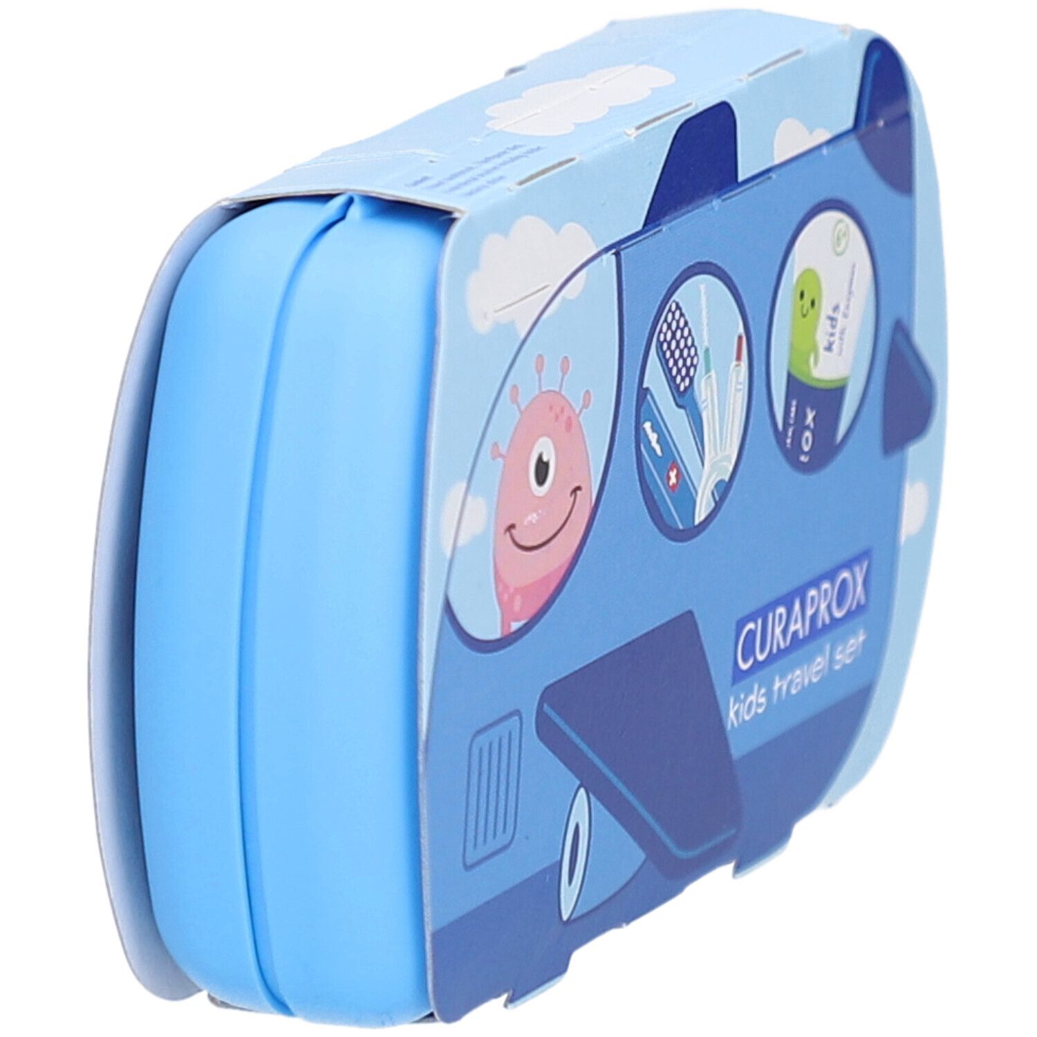 Blaues Reise-Set für Kinder. Verpackung in Flugzeugform. CURAPROX-Logo und Produktname sichtbar. Seitenansicht.