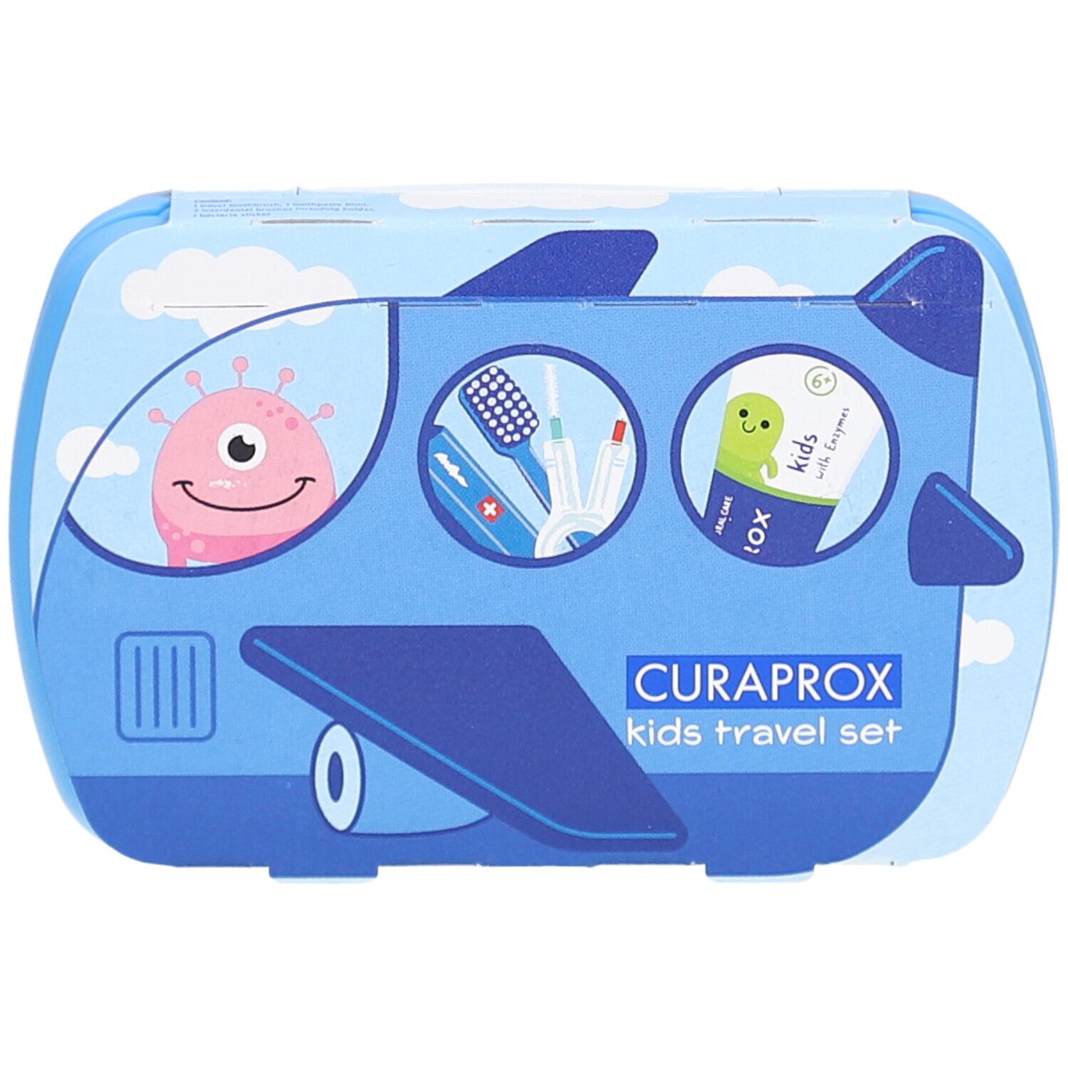 Blaues Reise-Set für Kinder. Verpackung in Flugzeugform mit Illustrationen. CURAPROX-Logo und Produktname sichtbar.