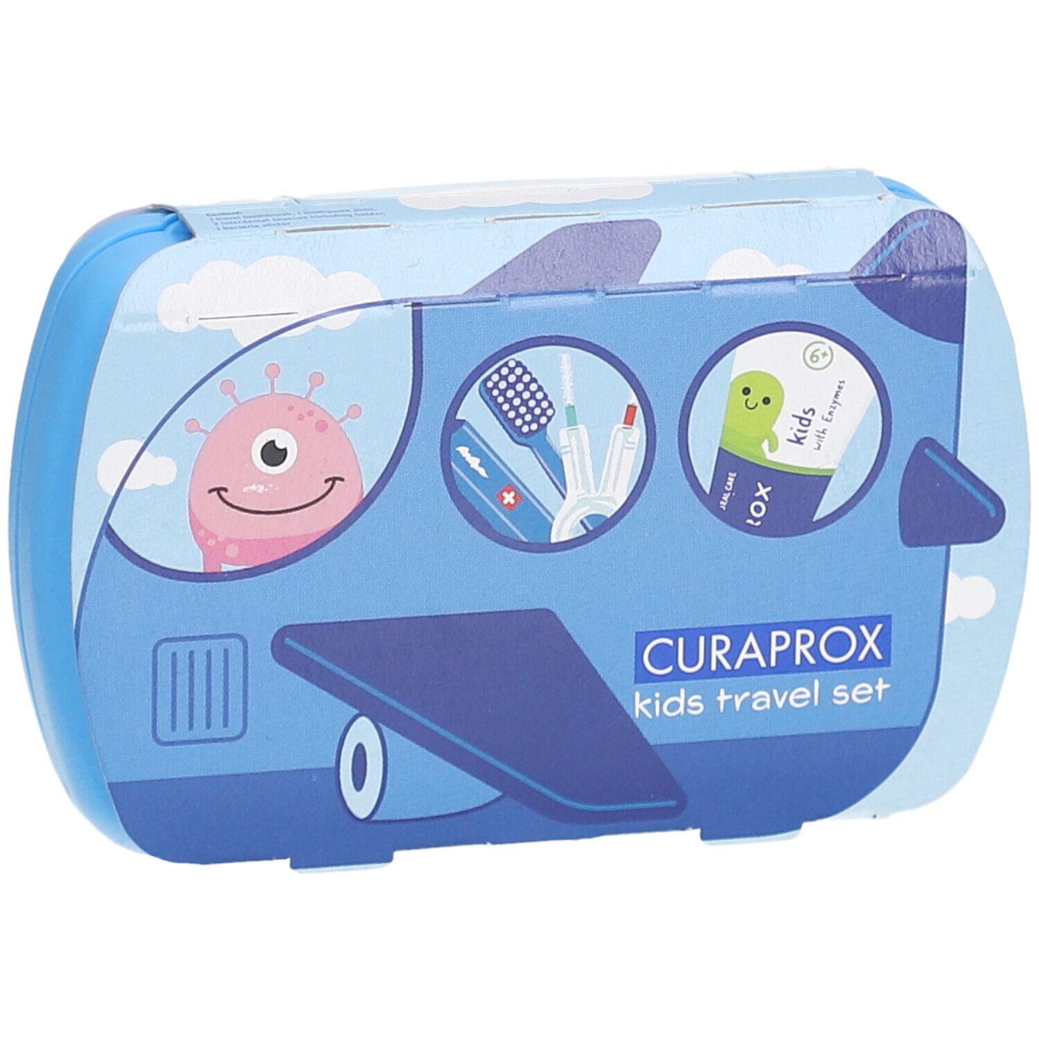 Blaues Reise-Set für Kinder. Verpackung in Flugzeugform mit Illustrationen. CURAPROX-Logo und Produktname sichtbar.