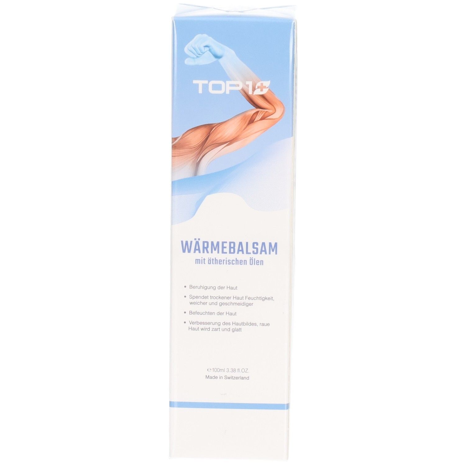Weiß-blaue Verpackung mit Produktabbildung. Schriftzug TOP 1 und WÄRMEBALSAM. Enthält ätherische Öle.