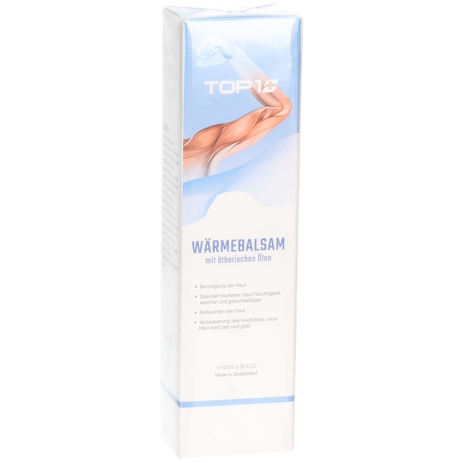 Weiß-blaue Verpackung mit Produktabbildung. Schriftzug TOP 1 und WÄRMEBALSAM. Enthält ätherische Öle.